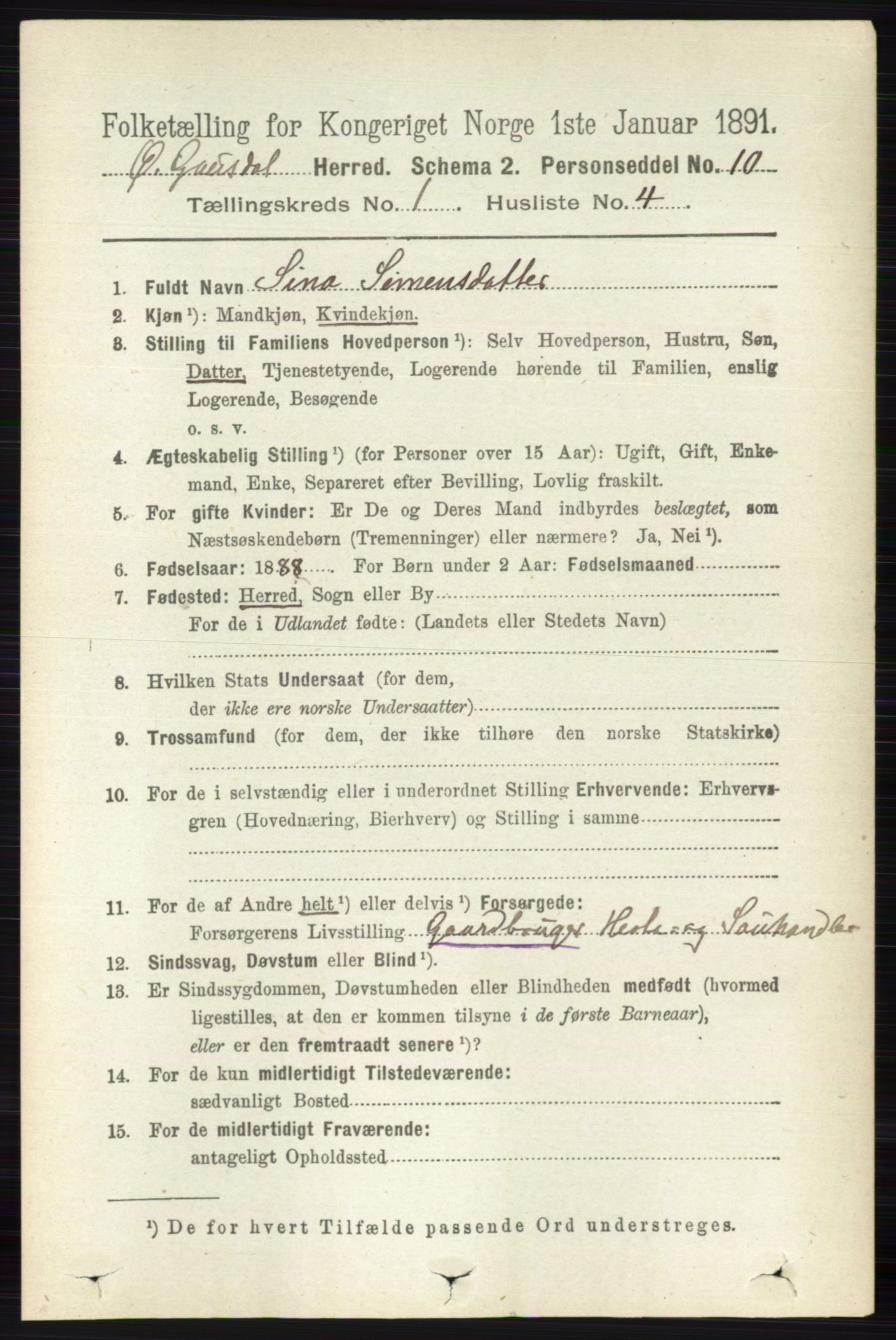 RA, 1891 census for 0522 Østre Gausdal, 1891, p. 200