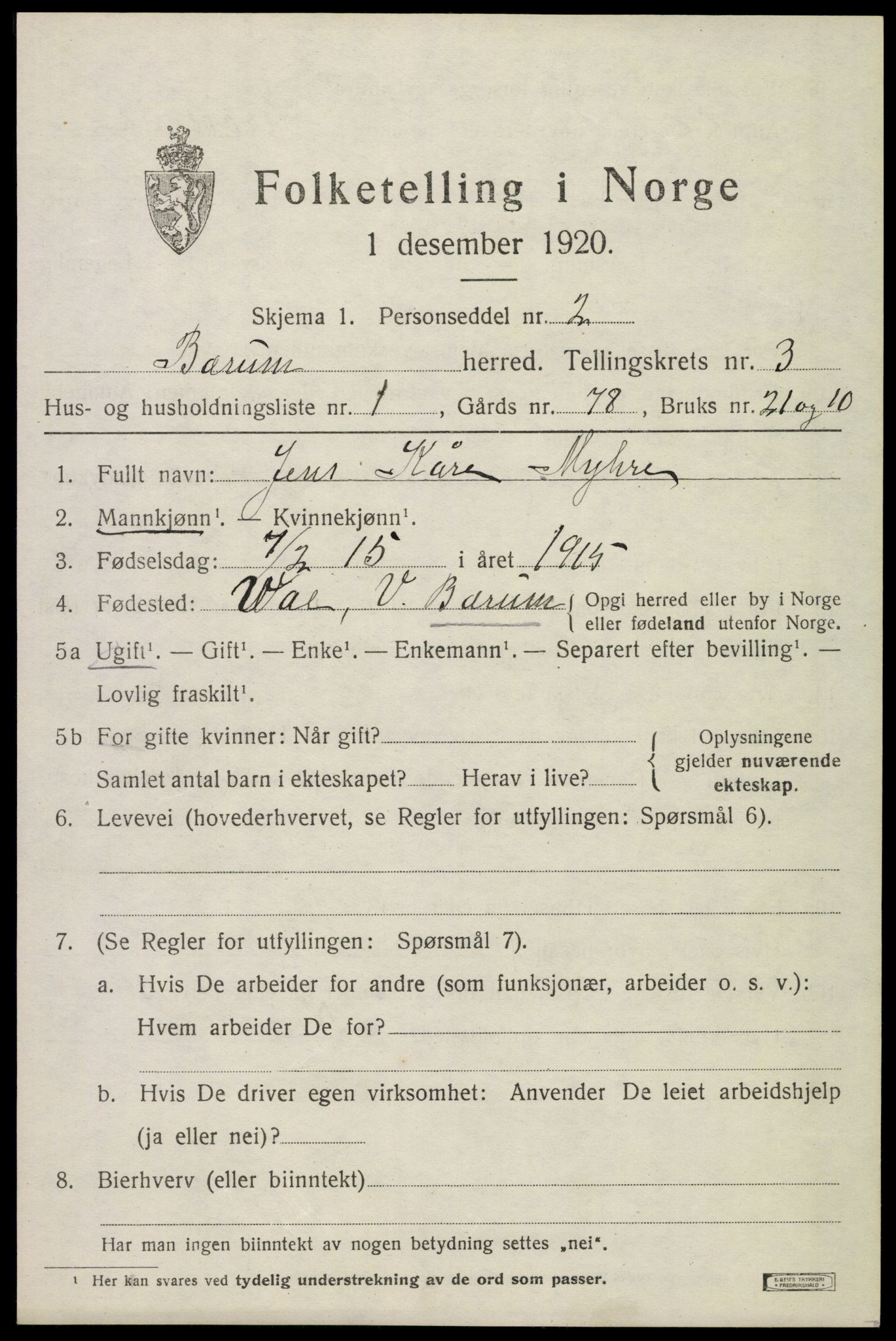 SAO, 1920 census for Bærum, 1920, p. 7242