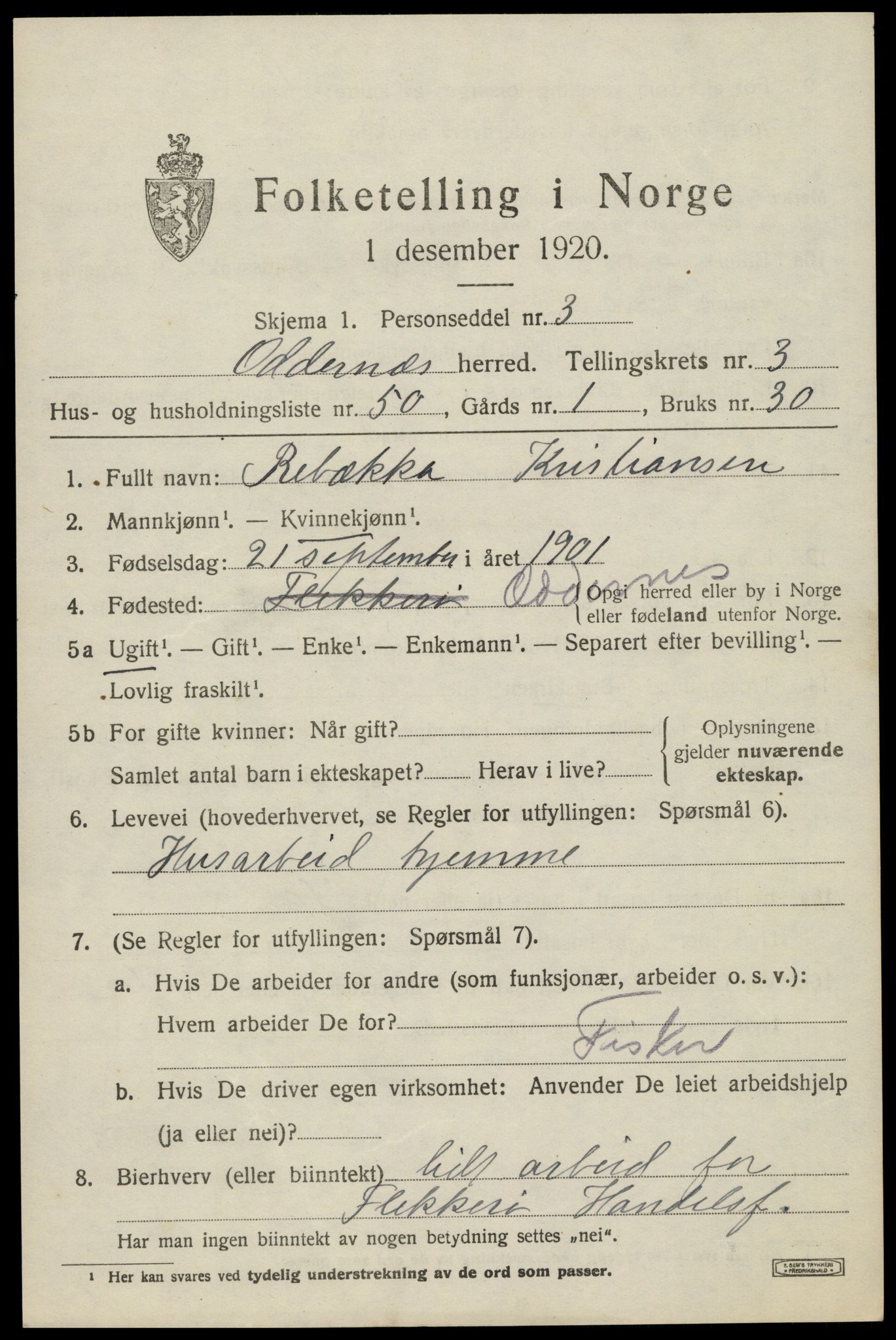 SAK, 1920 census for Oddernes, 1920, p. 3897