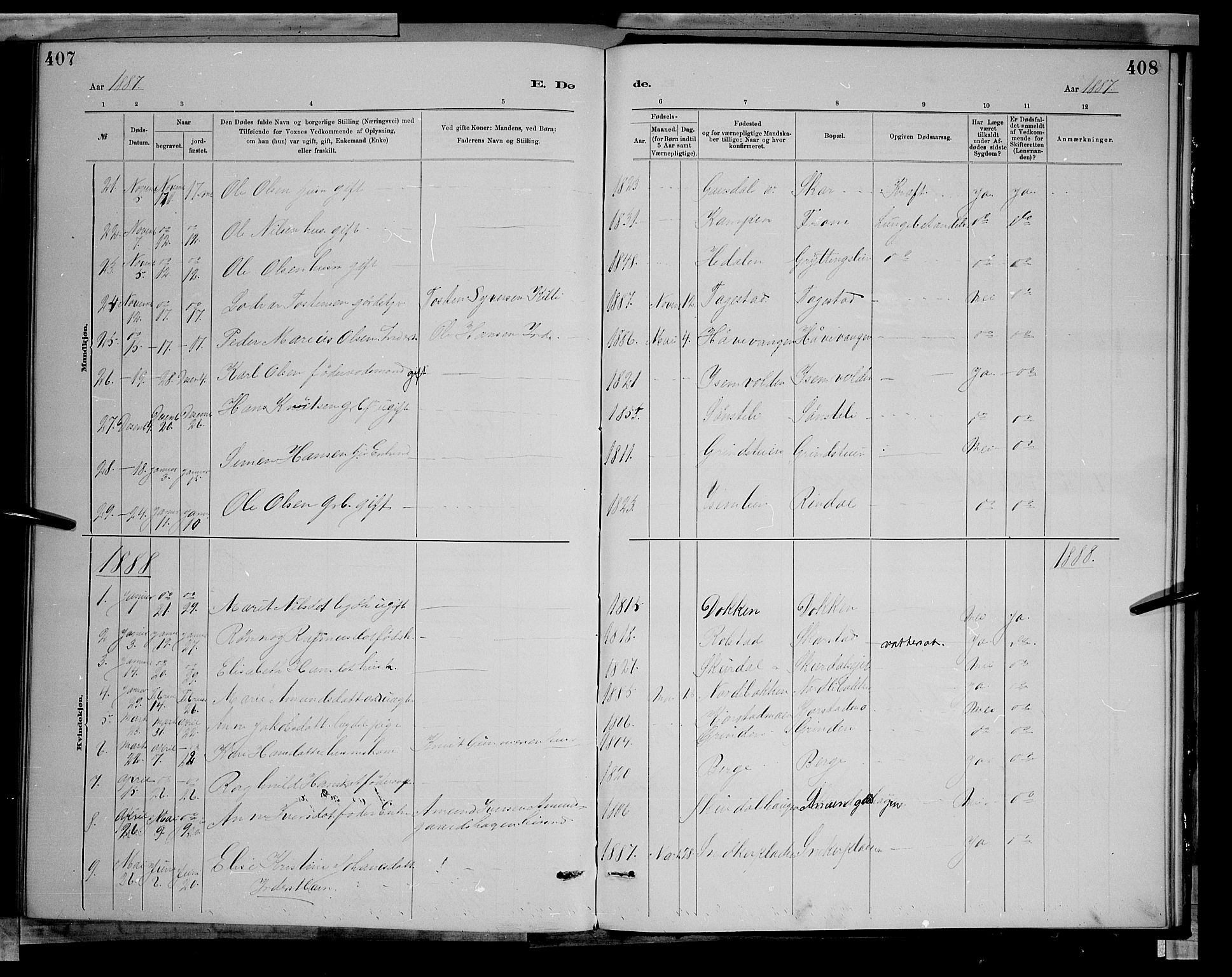 Sør-Fron prestekontor, SAH/PREST-010/H/Ha/Hab/L0003: Parish register (copy) no. 3, 1884-1896, p. 407-408