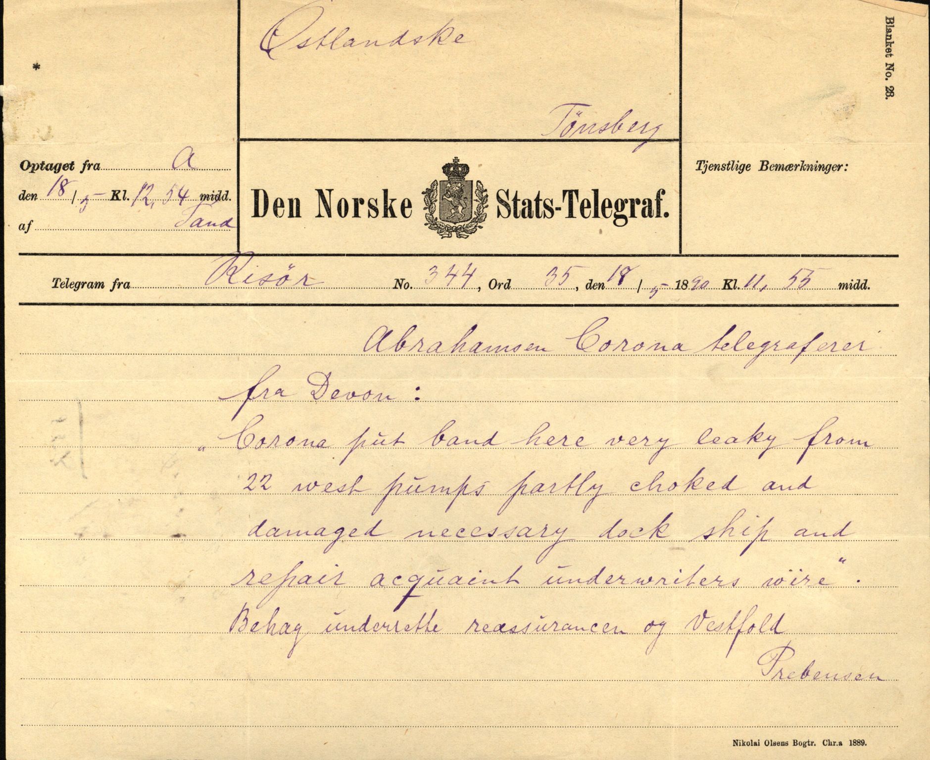 Pa 63 - Østlandske skibsassuranceforening, VEMU/A-1079/G/Ga/L0025/0003: Havaridokumenter / Josephine, Carl, Johanna, Castro, Comorin, Corona, 1890, p. 149