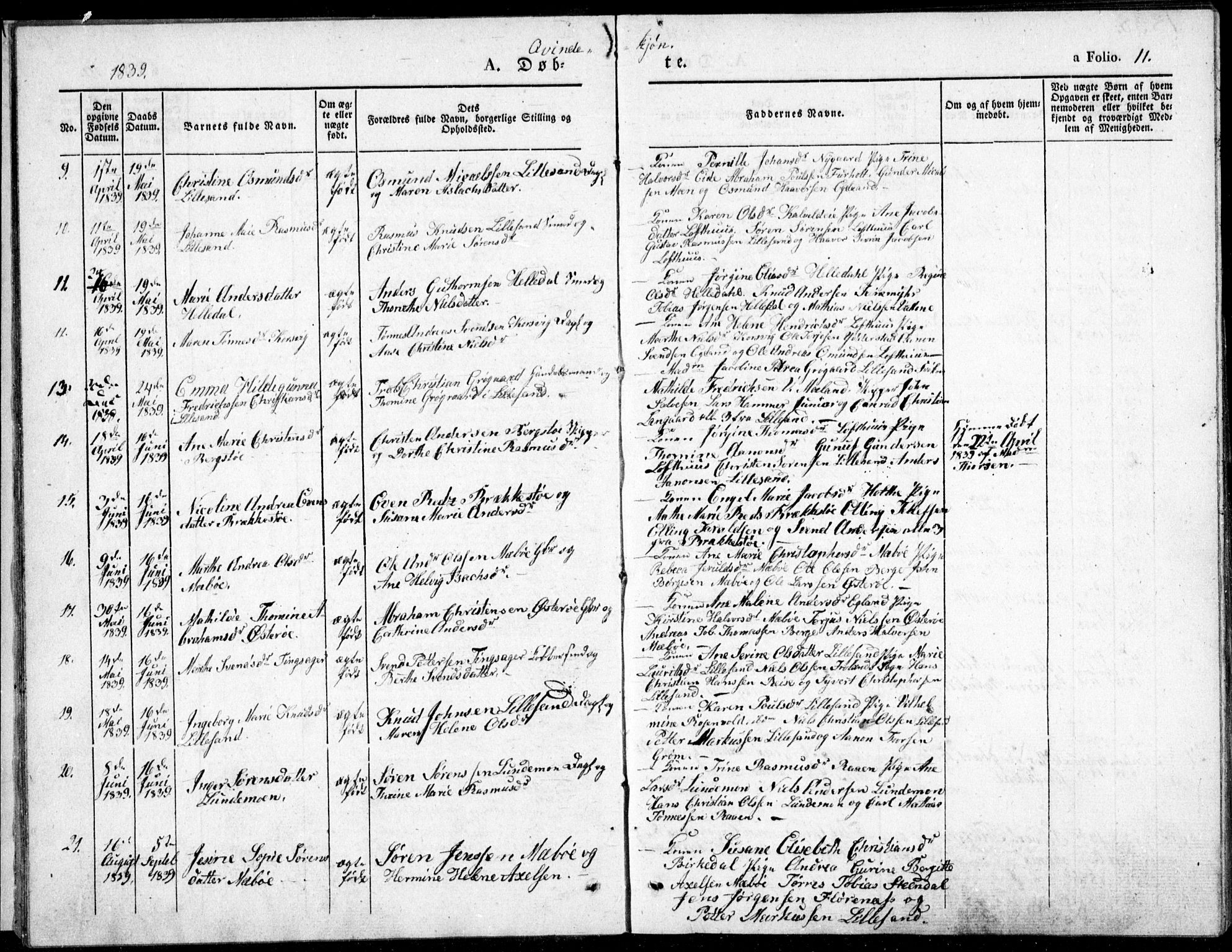 Vestre Moland sokneprestkontor, AV/SAK-1111-0046/F/Fb/Fbb/L0002: Parish register (copy) no. B 2, 1836-1851, p. 11