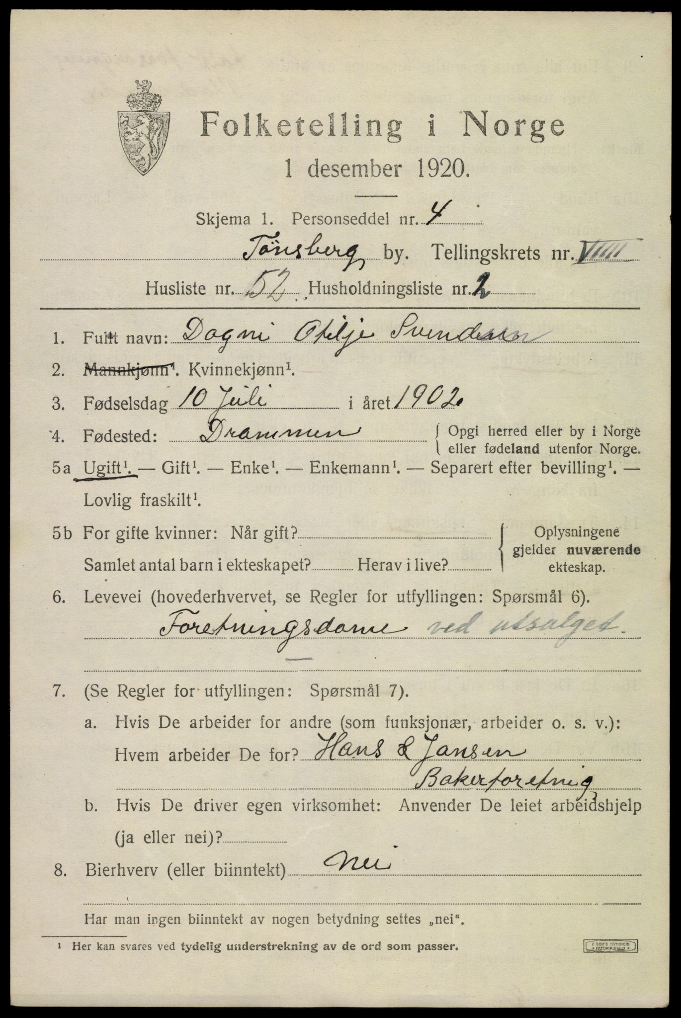 SAKO, 1920 census for Tønsberg, 1920, p. 18203