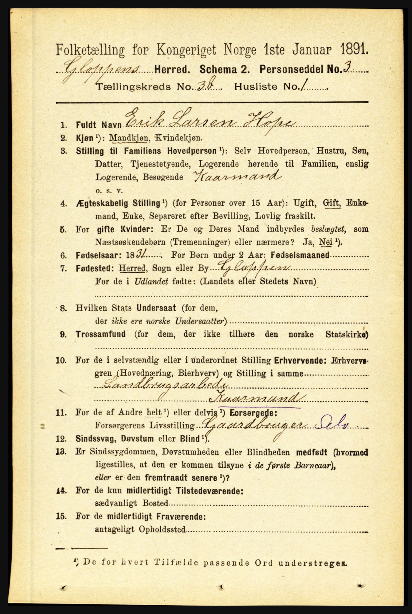 RA, 1891 census for 1445 Gloppen, 1891, p. 1449