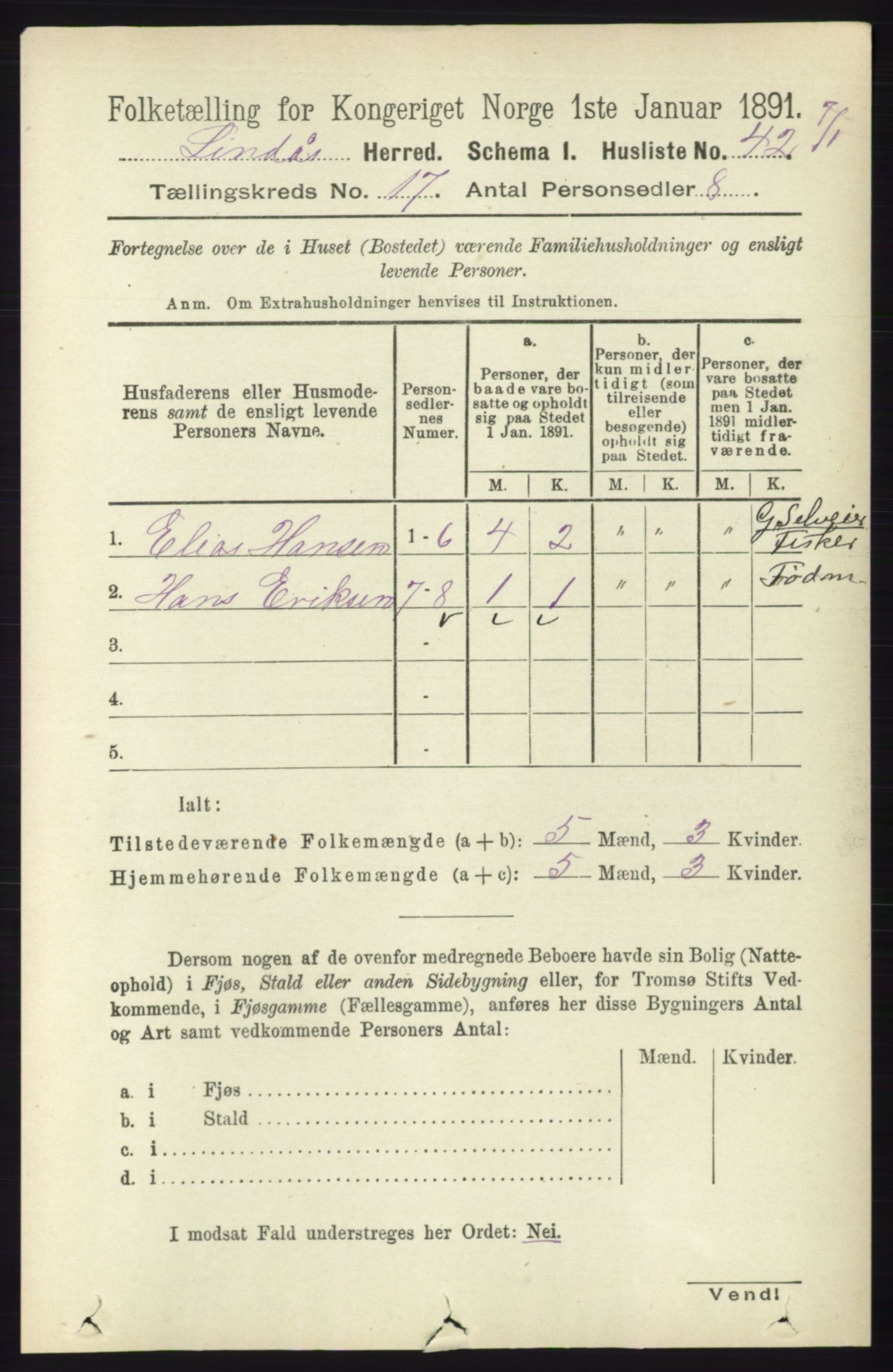 RA, 1891 census for 1263 Lindås, 1891, p. 6124