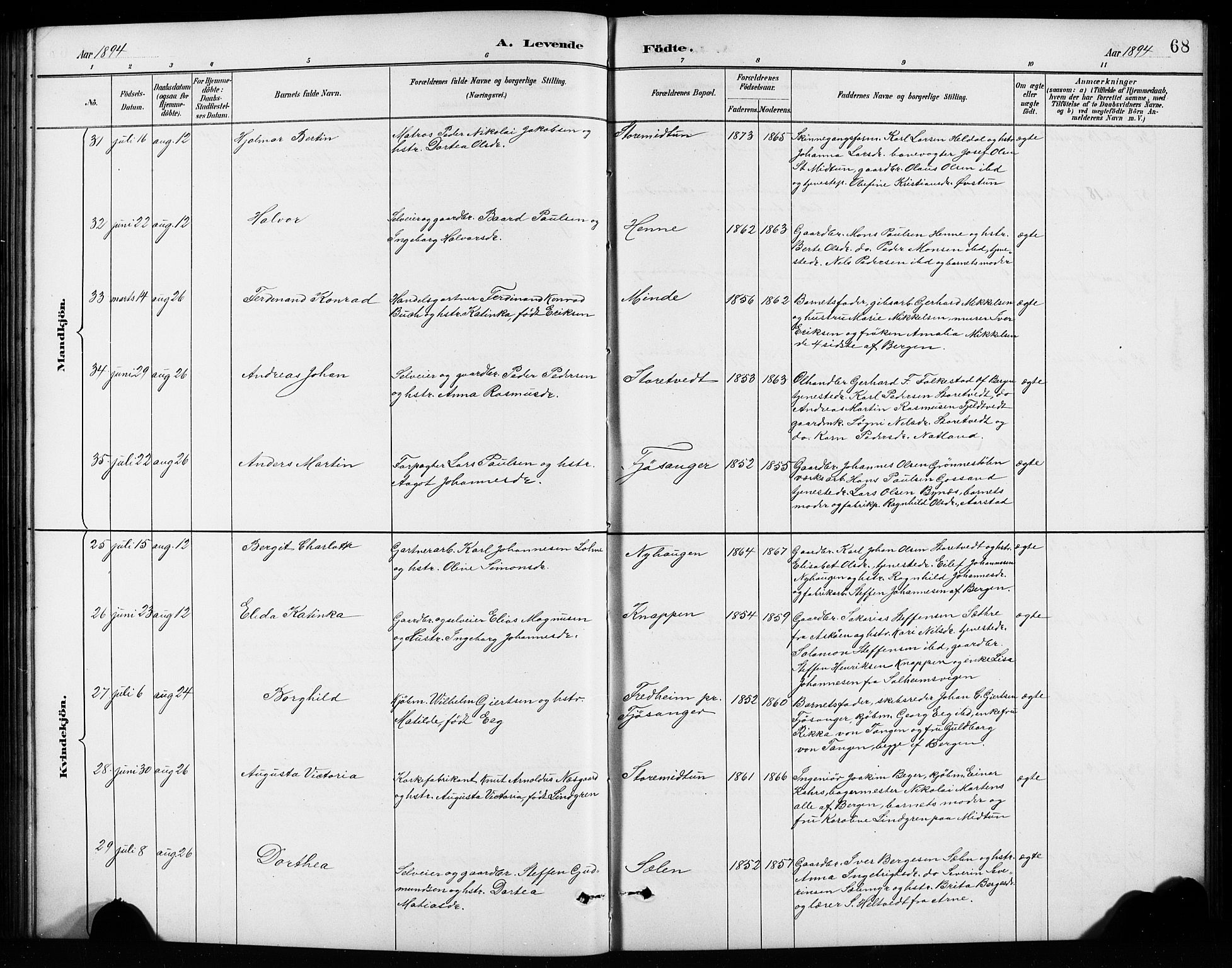 Birkeland Sokneprestembete, AV/SAB-A-74601/H/Hab: Parish register (copy) no. A 4, 1888-1897, p. 68