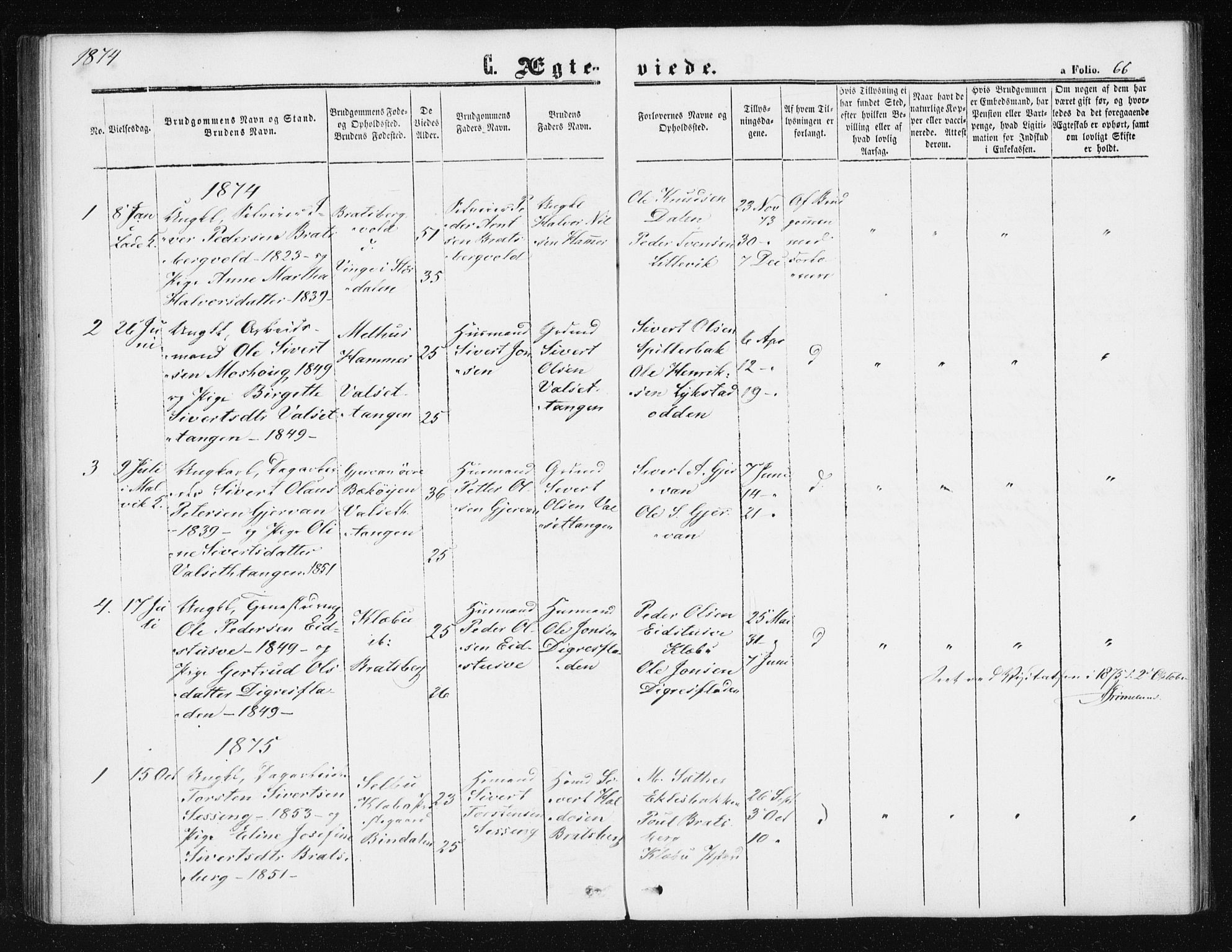 Ministerialprotokoller, klokkerbøker og fødselsregistre - Sør-Trøndelag, SAT/A-1456/608/L0333: Parish register (official) no. 608A02, 1862-1876, p. 66