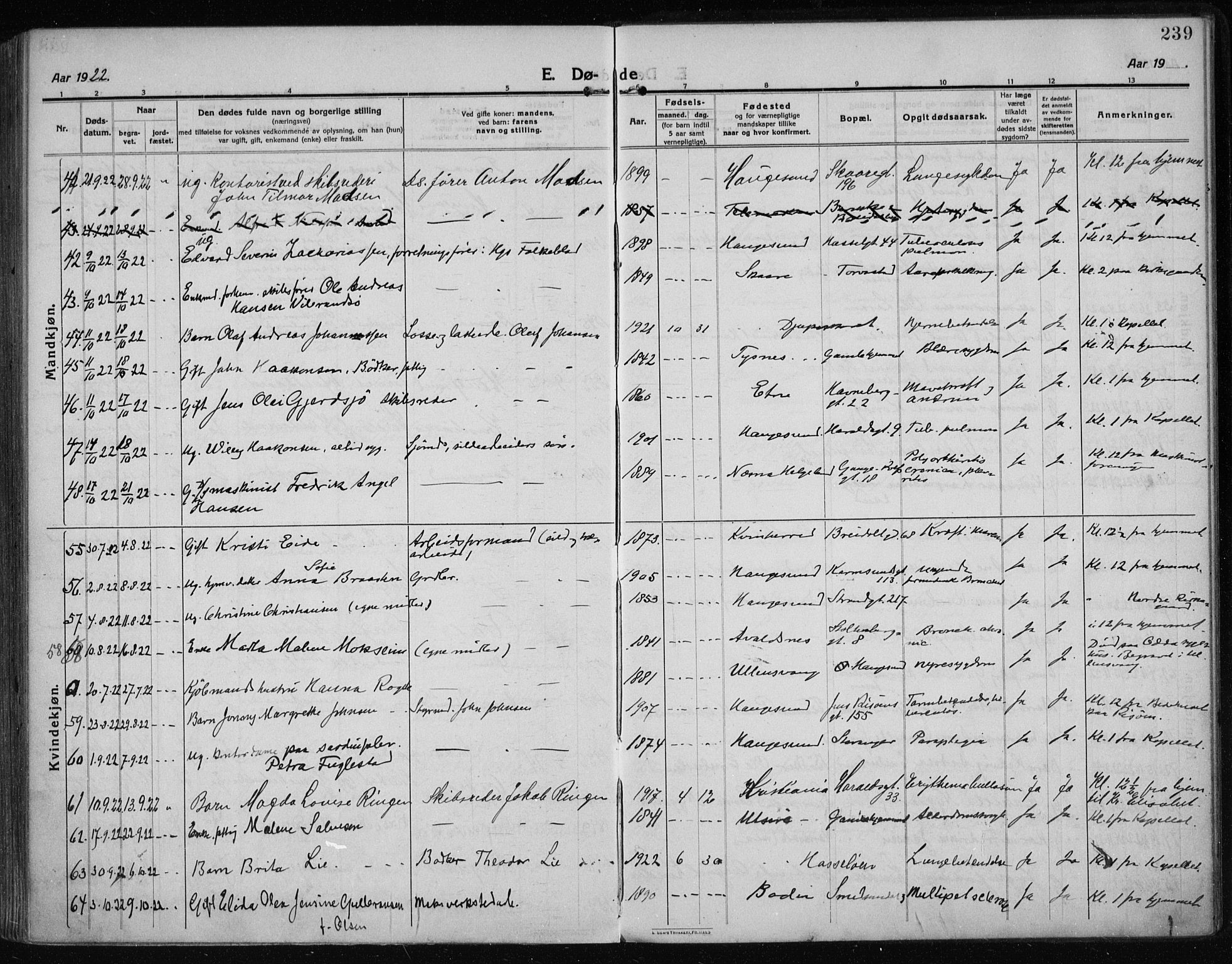 Haugesund sokneprestkontor, SAST/A -101863/H/Ha/Haa/L0009: Parish register (official) no. A 9, 1914-1929, p. 239