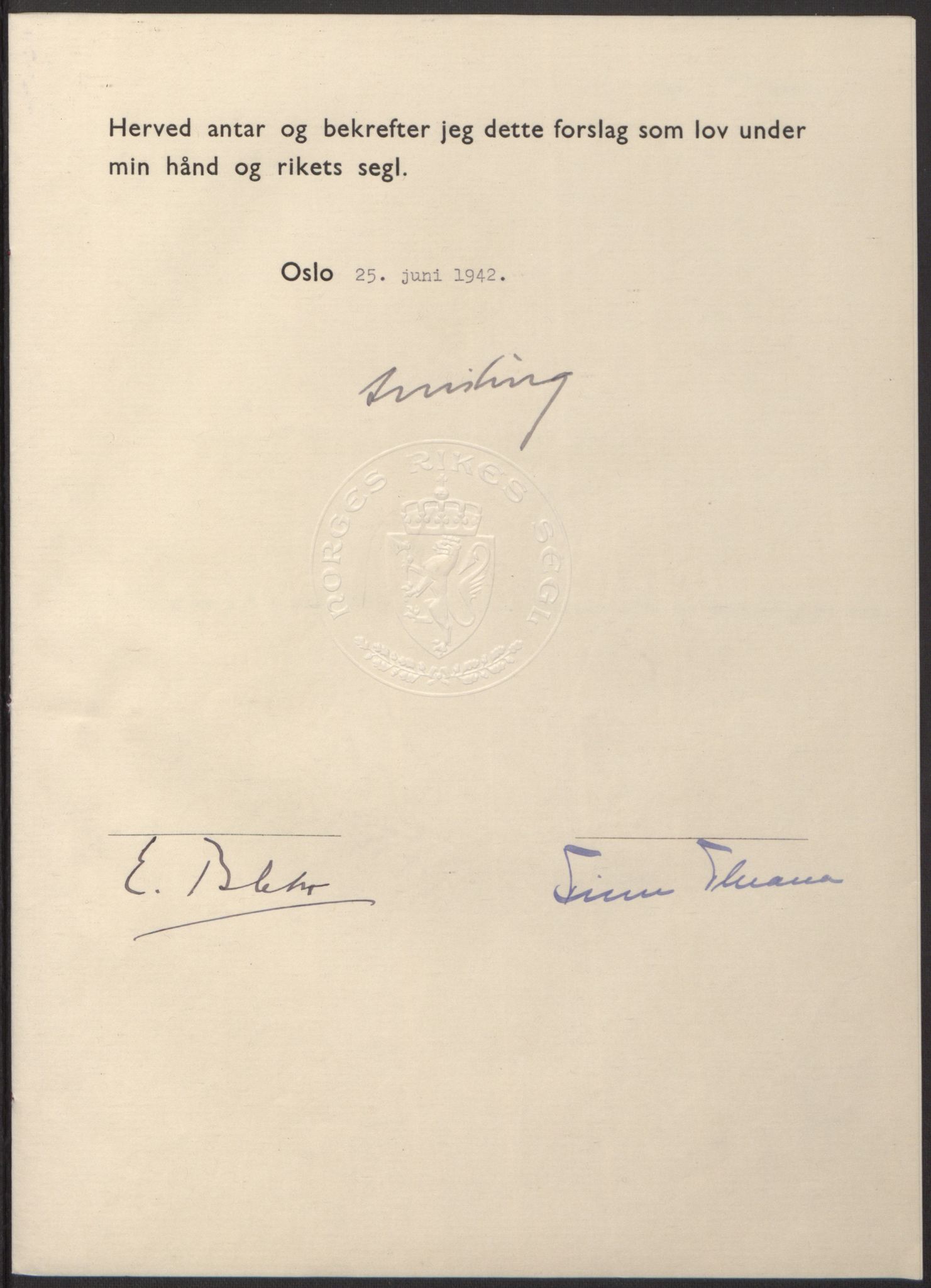 NS-administrasjonen 1940-1945 (Statsrådsekretariatet, de kommisariske statsråder mm), RA/S-4279/D/Db/L0098: Lover II, 1942, p. 154