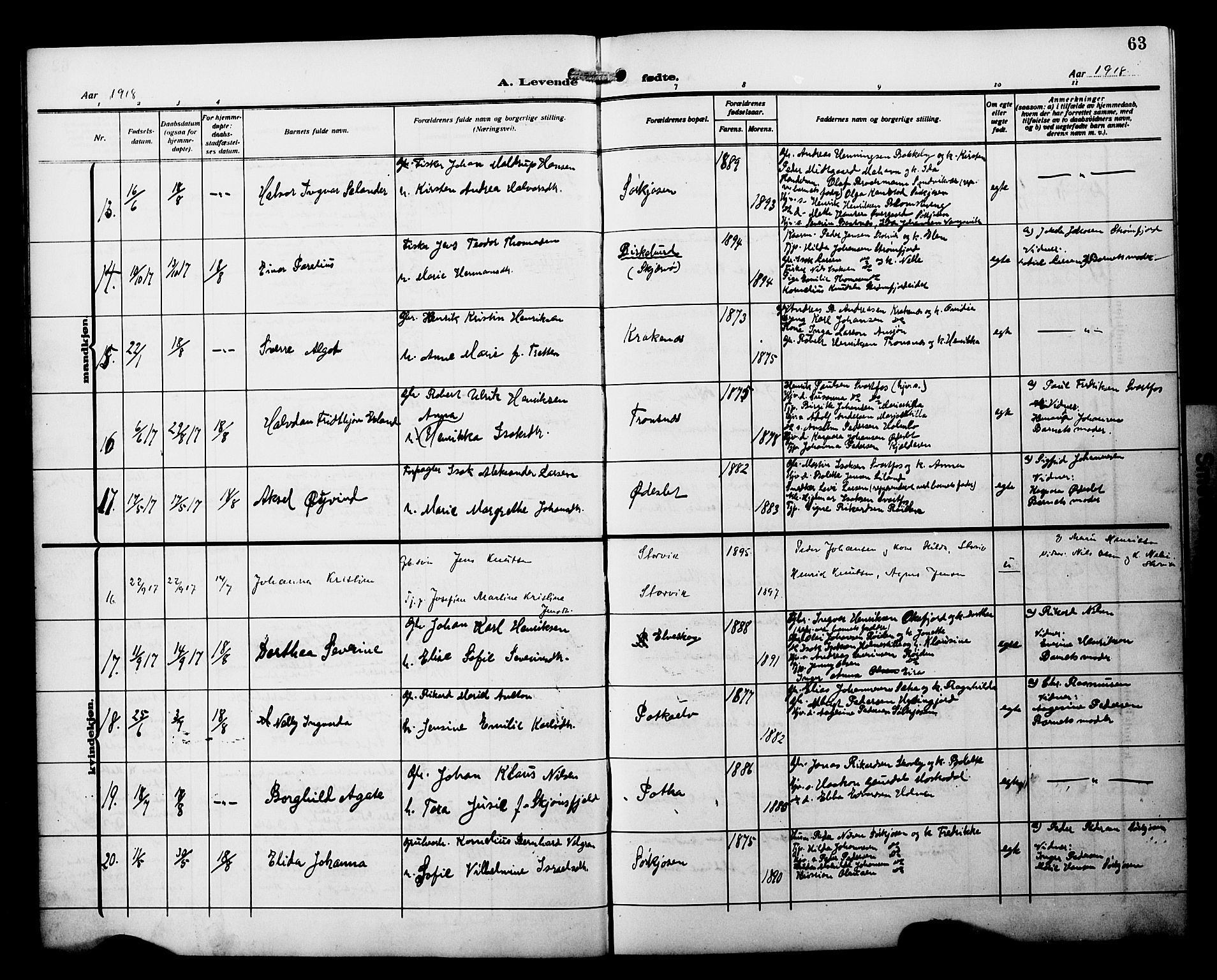 Skjervøy sokneprestkontor, AV/SATØ-S-1300/H/Ha/Hab/L0022klokker: Parish register (copy) no. 22, 1910-1926, p. 63