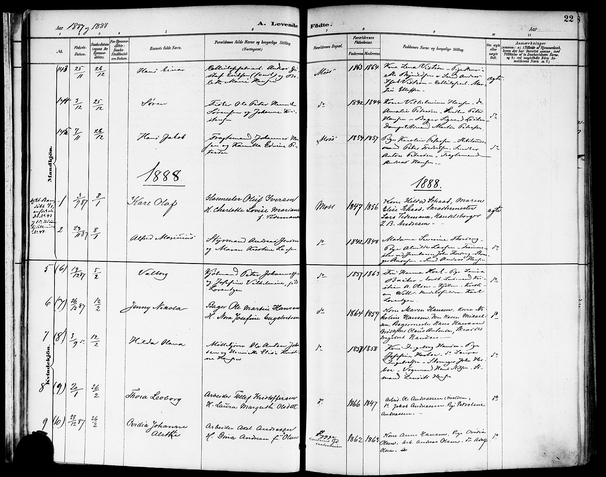 Moss prestekontor Kirkebøker, SAO/A-2003/F/Fb/L0002a: Parish register (official) no. II 2A, 1887-1893, p. 22