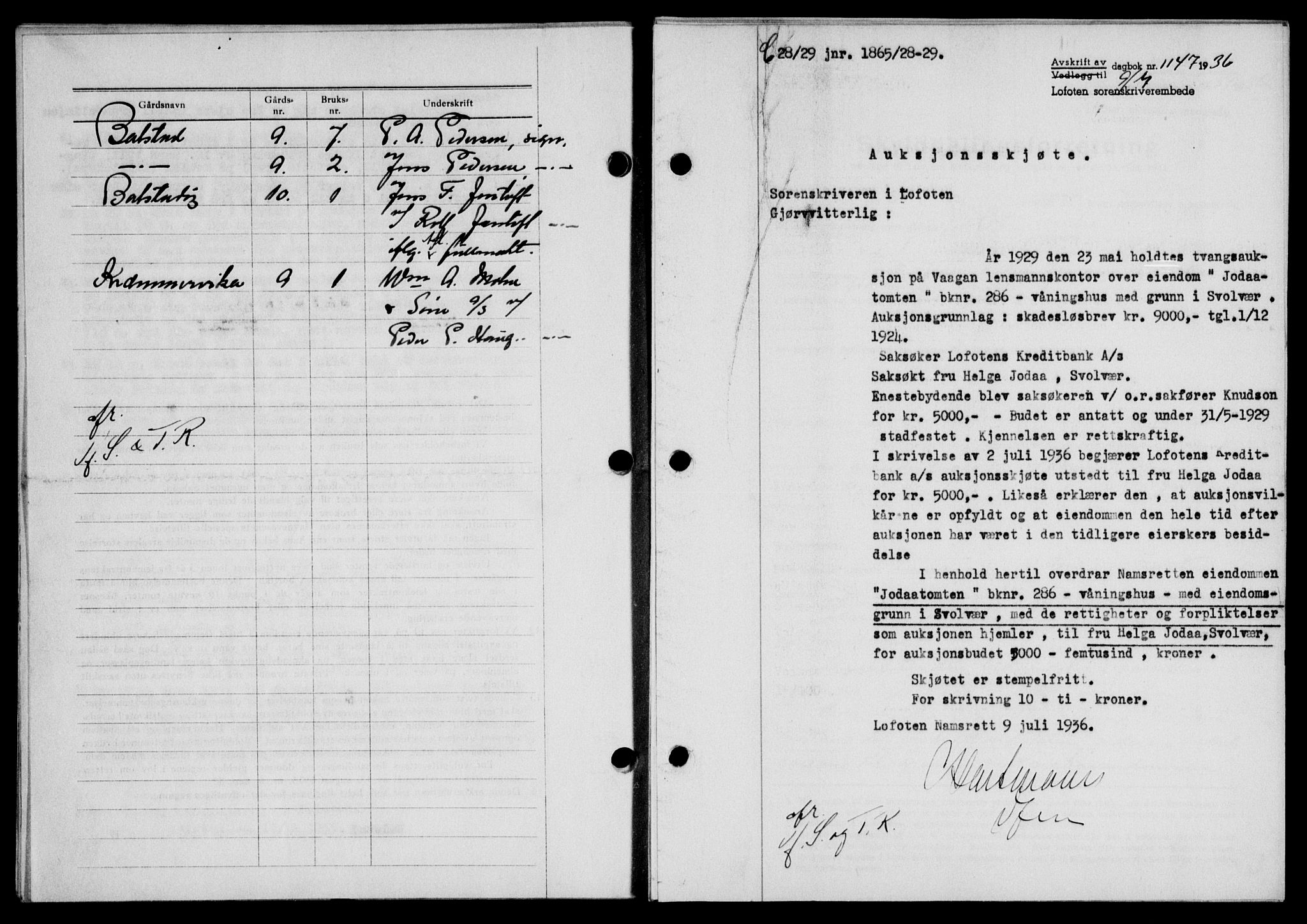 Lofoten sorenskriveri, SAT/A-0017/1/2/2C/L0001a: Mortgage book no. 1a, 1936-1937, Diary no: : 1147/1936