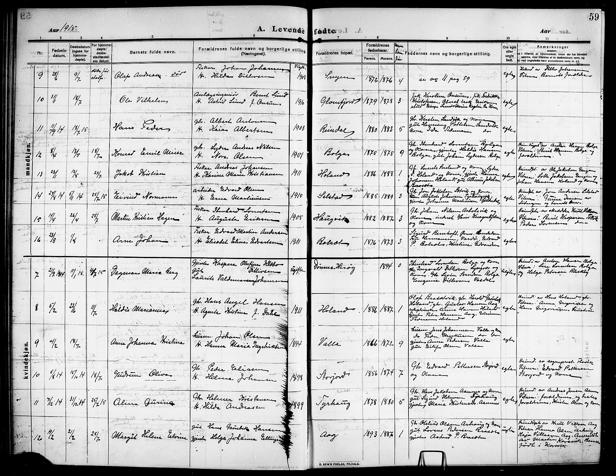 Ministerialprotokoller, klokkerbøker og fødselsregistre - Nordland, AV/SAT-A-1459/843/L0639: Parish register (copy) no. 843C08, 1908-1924, p. 59