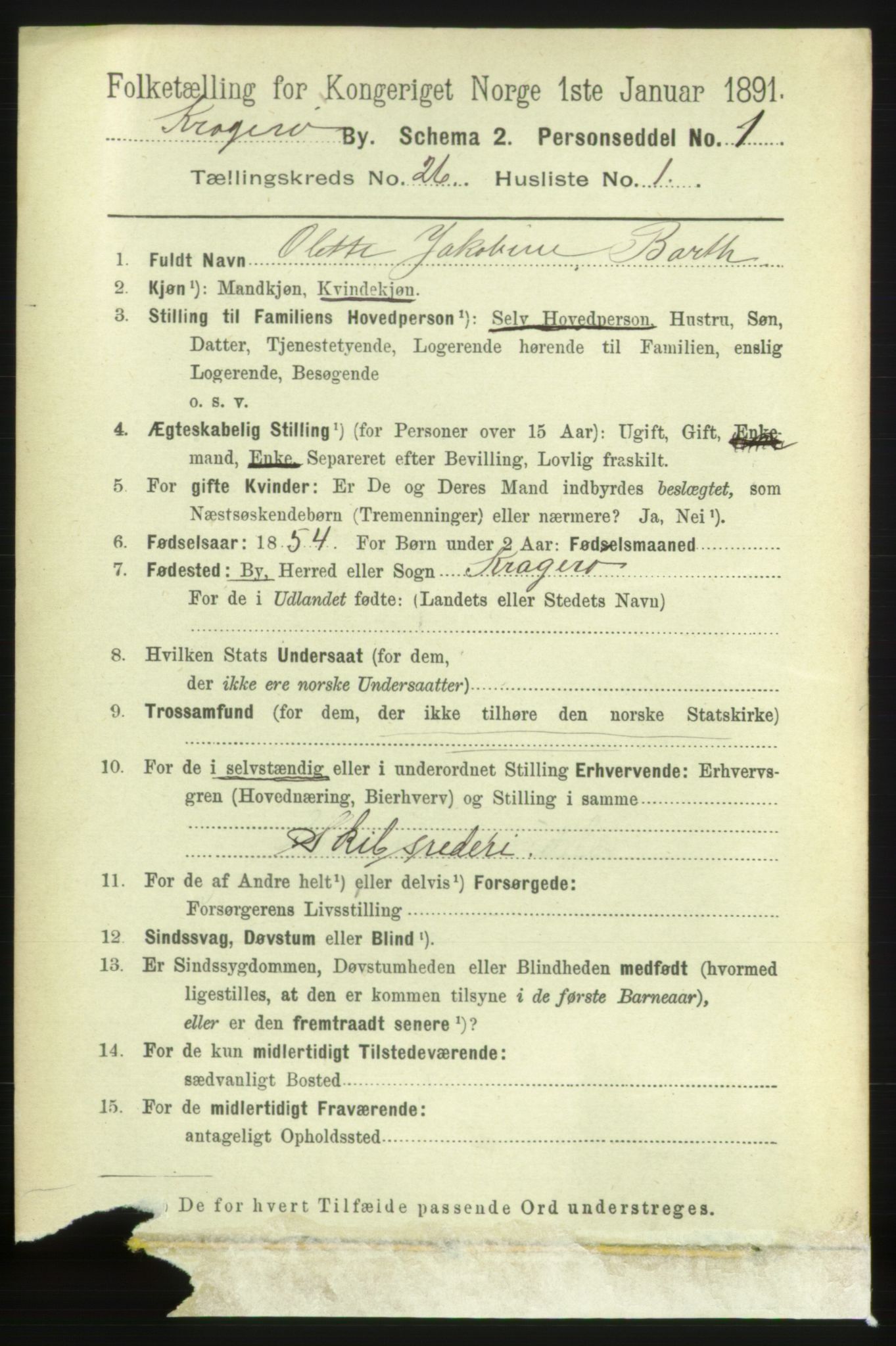 RA, 1891 census for 0801 Kragerø, 1891, p. 5216