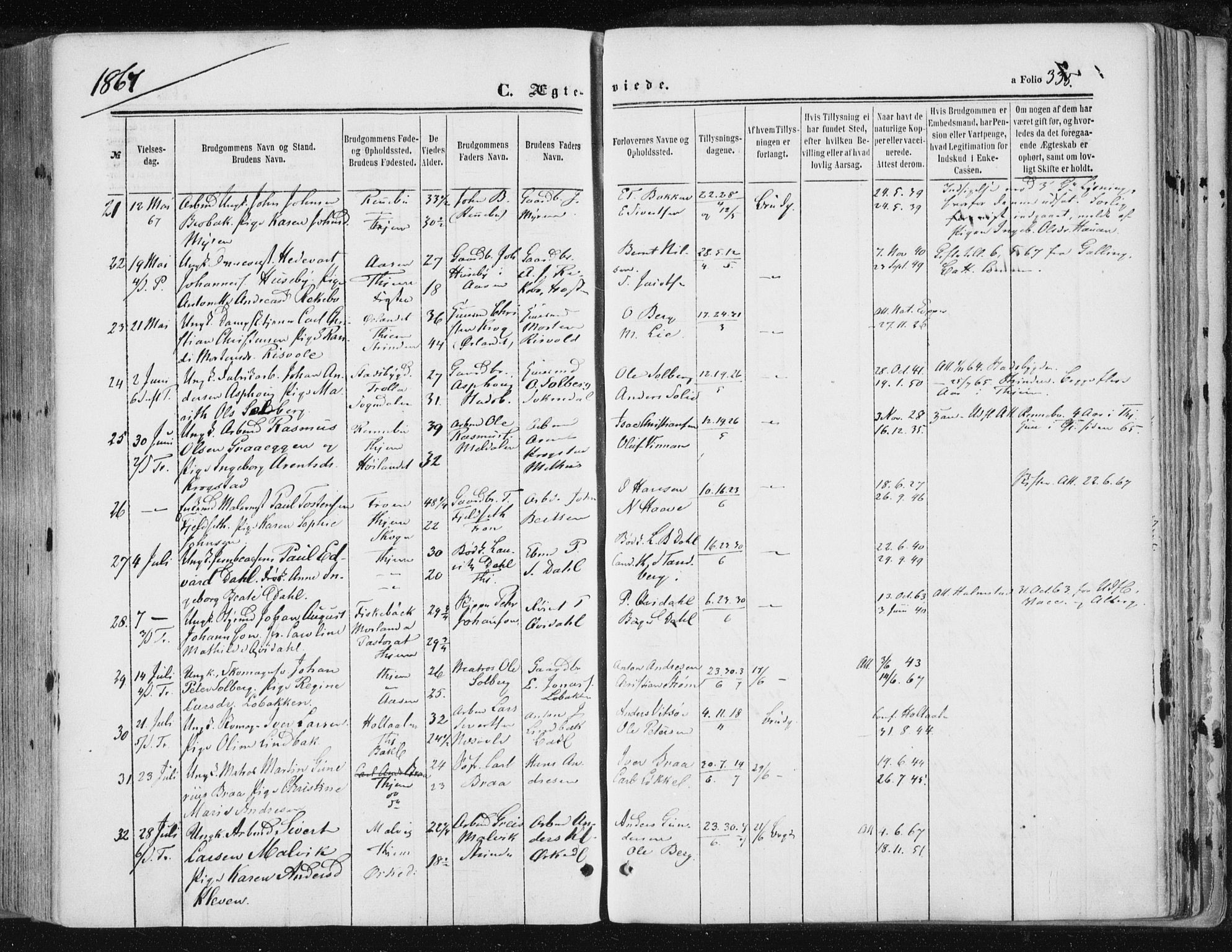 Ministerialprotokoller, klokkerbøker og fødselsregistre - Sør-Trøndelag, AV/SAT-A-1456/602/L0115: Parish register (official) no. 602A13, 1860-1872, p. 335