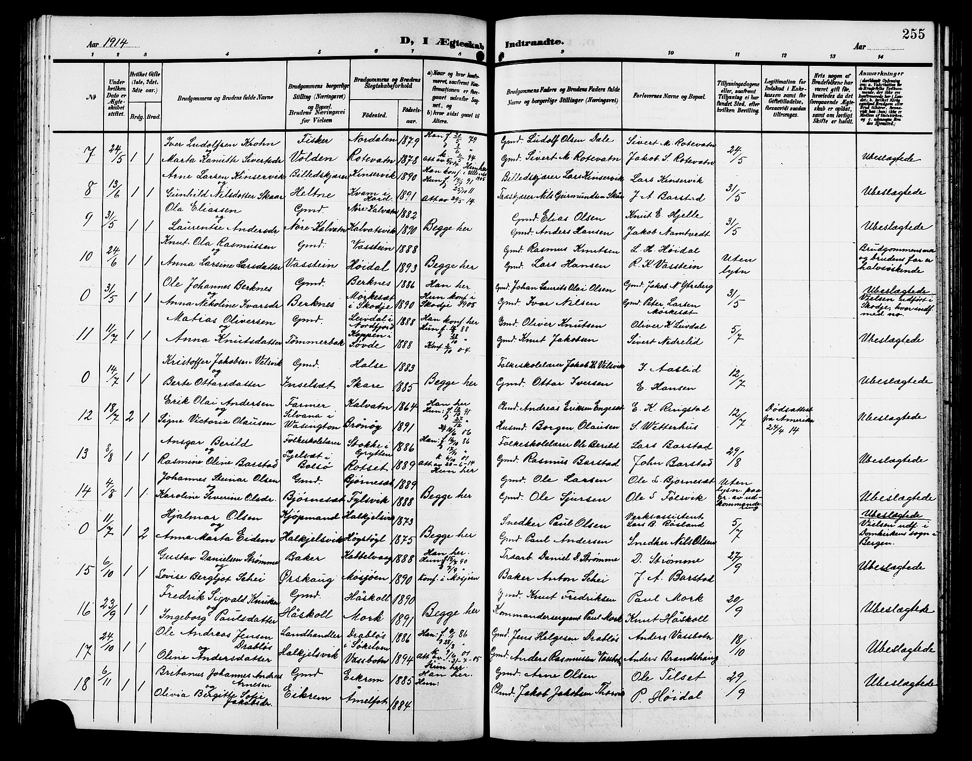 Ministerialprotokoller, klokkerbøker og fødselsregistre - Møre og Romsdal, AV/SAT-A-1454/511/L0159: Parish register (copy) no. 511C05, 1902-1920, p. 255