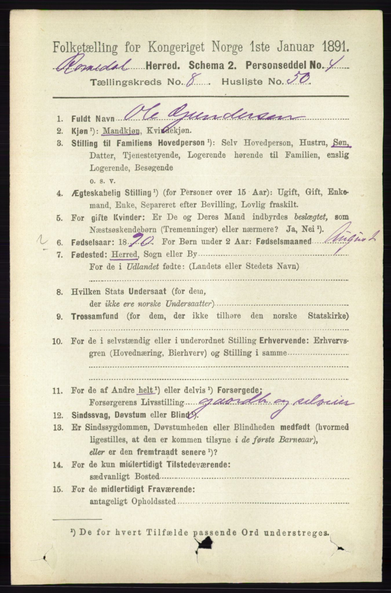 RA, 1891 census for 0416 Romedal, 1891, p. 4230