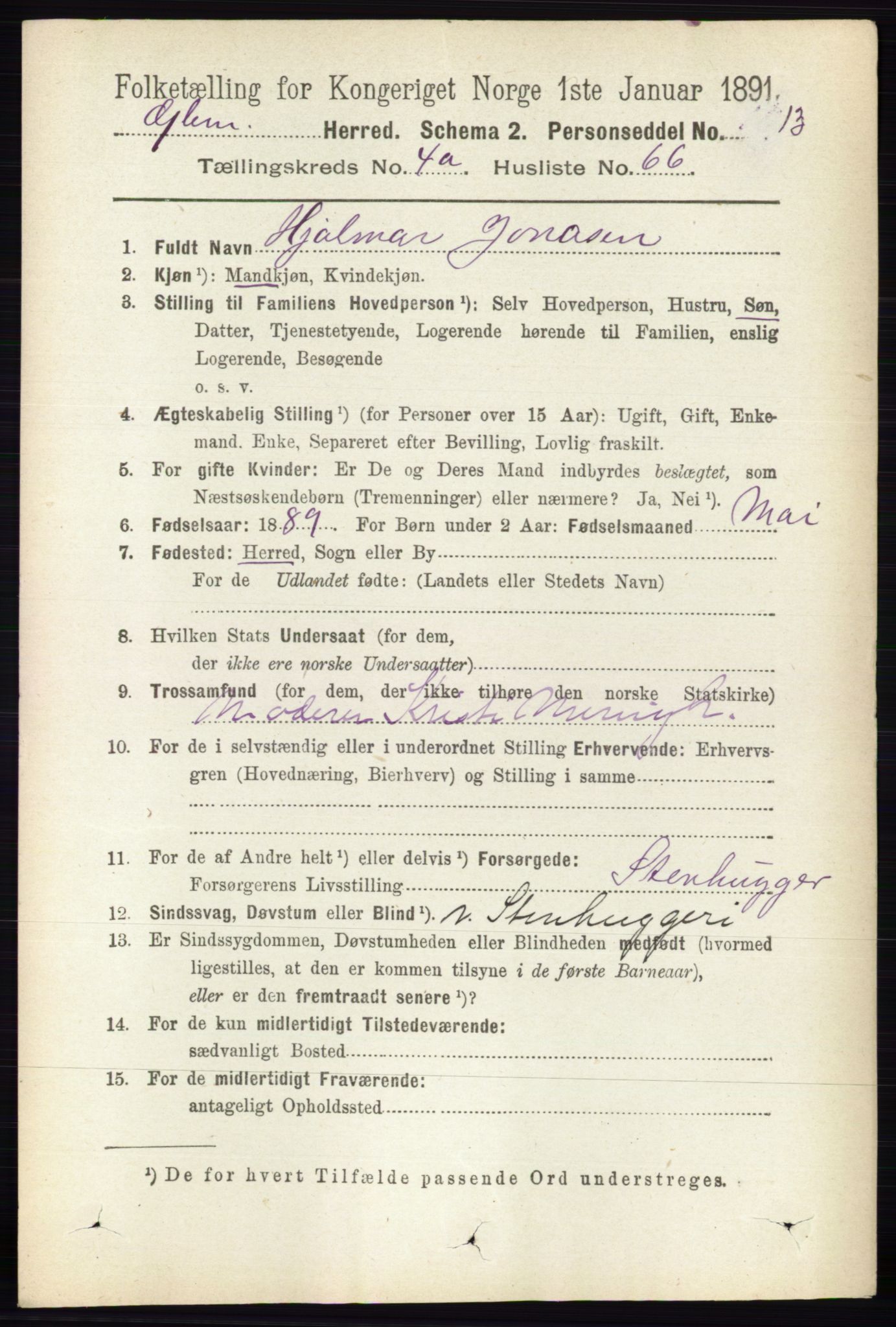 RA, 1891 census for 0132 Glemmen, 1891, p. 4156