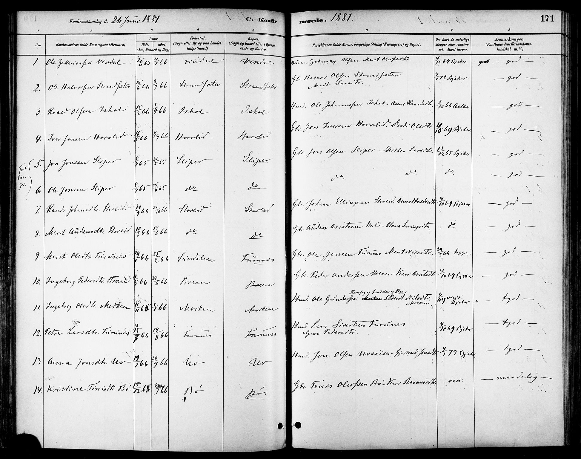 Ministerialprotokoller, klokkerbøker og fødselsregistre - Sør-Trøndelag, AV/SAT-A-1456/678/L0901: Parish register (official) no. 678A10, 1881-1894, p. 171