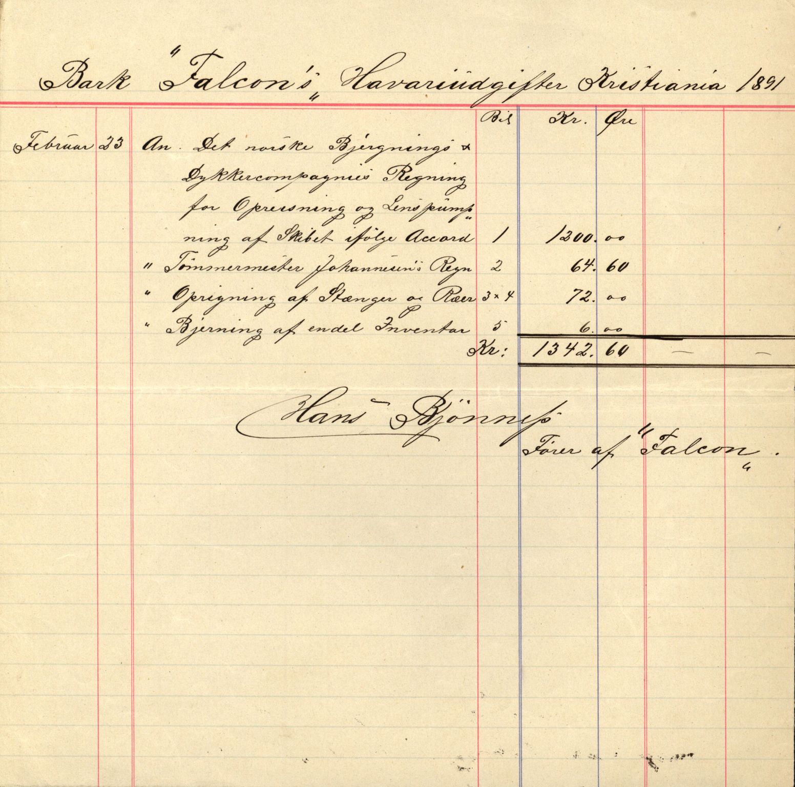 Pa 63 - Østlandske skibsassuranceforening, VEMU/A-1079/G/Ga/L0027/0011: Havaridokumenter / Louise, Lucie, Falcon, Ingeborg av Laurvig, Imperator, 1891, p. 32