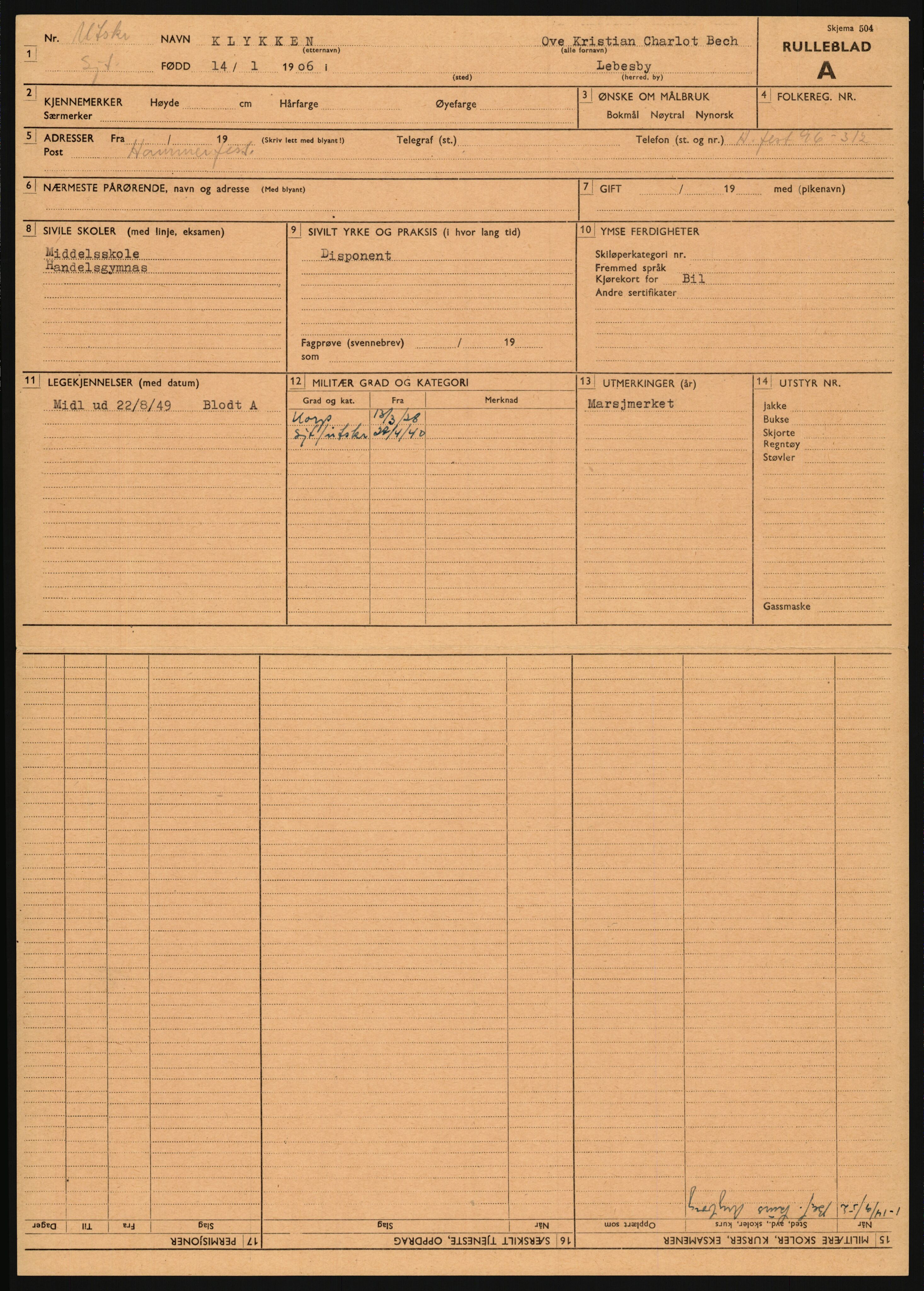 Forsvaret, Varanger bataljon, AV/RA-RAFA-2258/1/D/L0455: Rulleblad og tjenesteuttalelser for befal født 1894-1896, 1901-1909 og 1911-1915, 1894-1915, p. 54