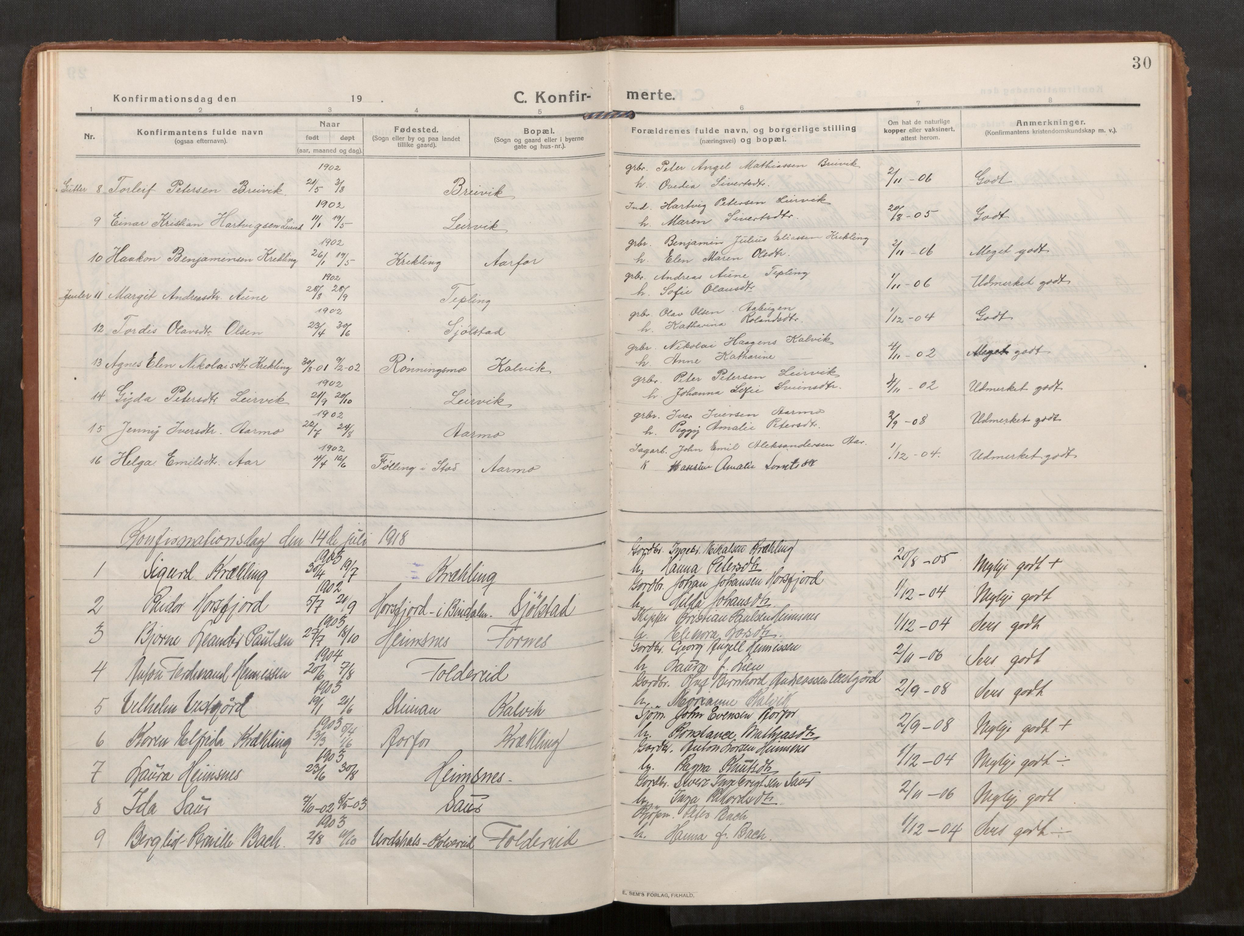 Kolvereid sokneprestkontor, SAT/A-1171/H/Ha/Haa/L0002: Parish register (official) no. 2, 1914-1926, p. 30