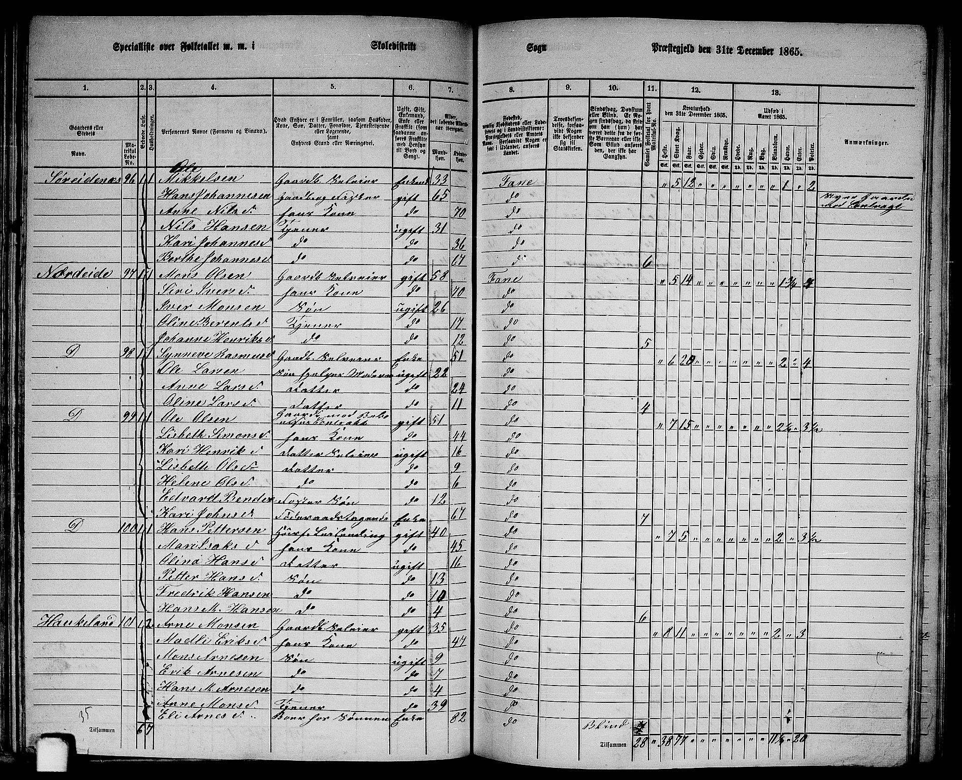 RA, 1865 census for Fana, 1865, p. 52