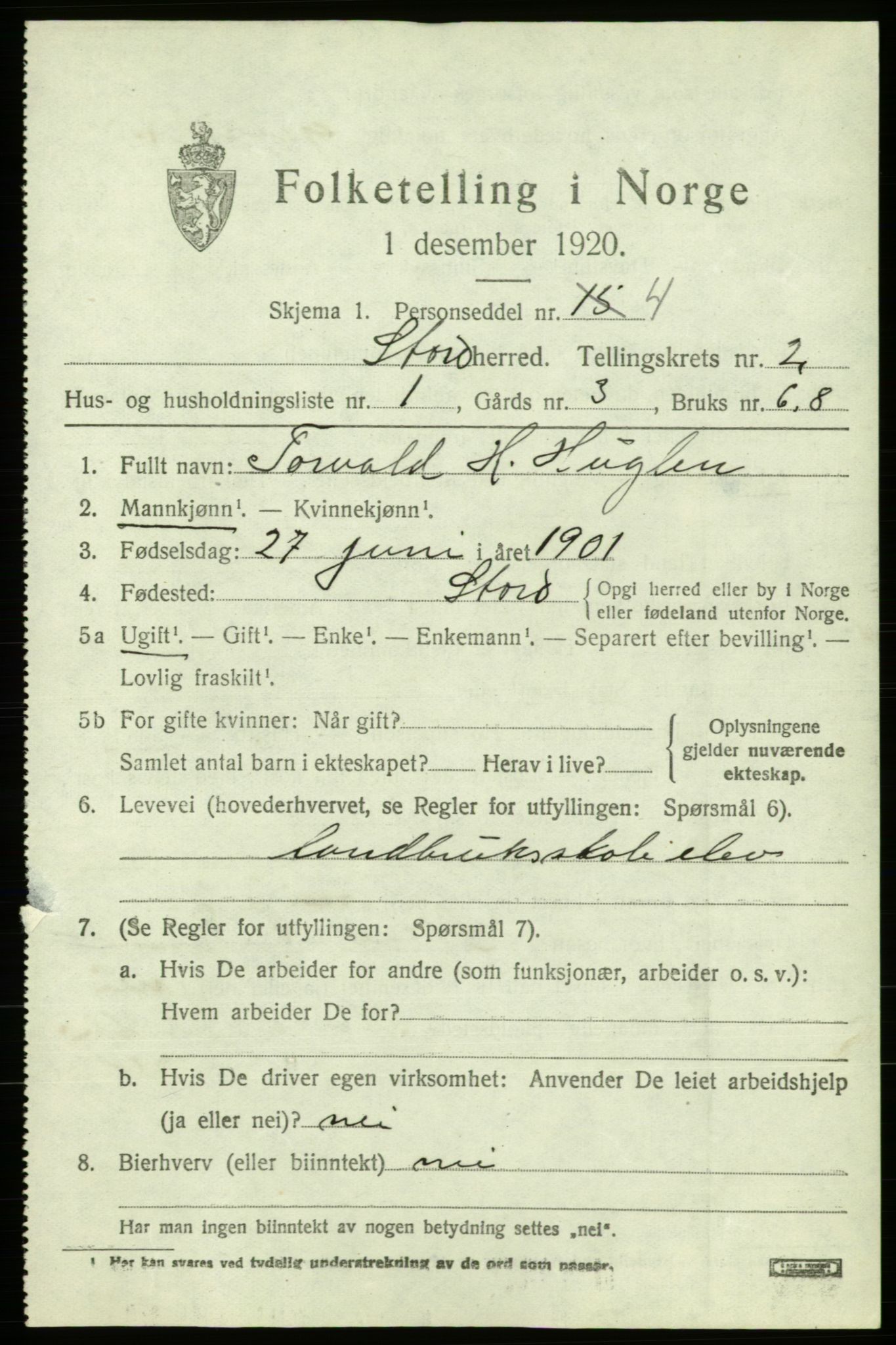 SAB, 1920 census for Stord, 1920, p. 1489