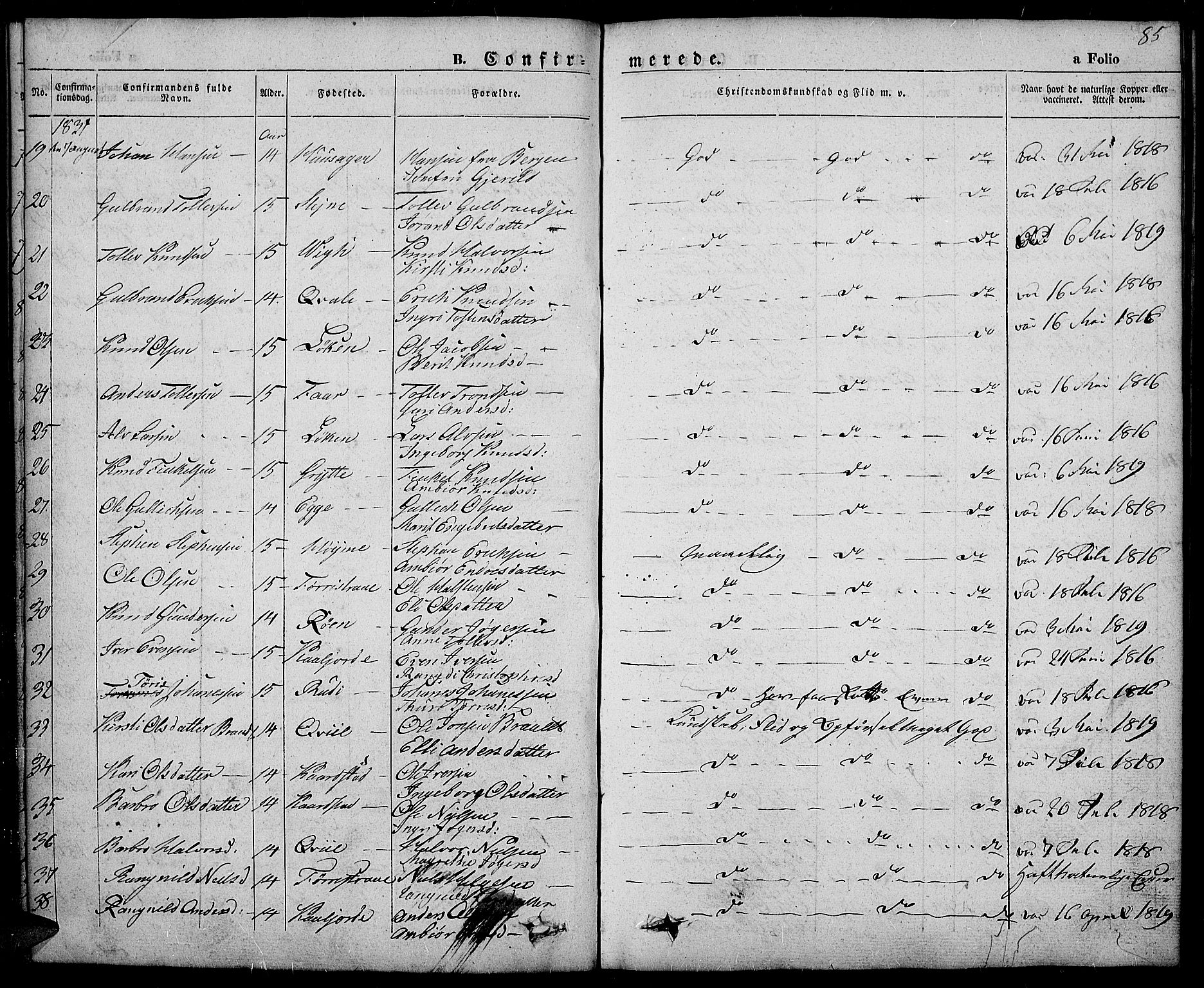 Slidre prestekontor, SAH/PREST-134/H/Ha/Haa/L0003: Parish register (official) no. 3, 1831-1843, p. 85