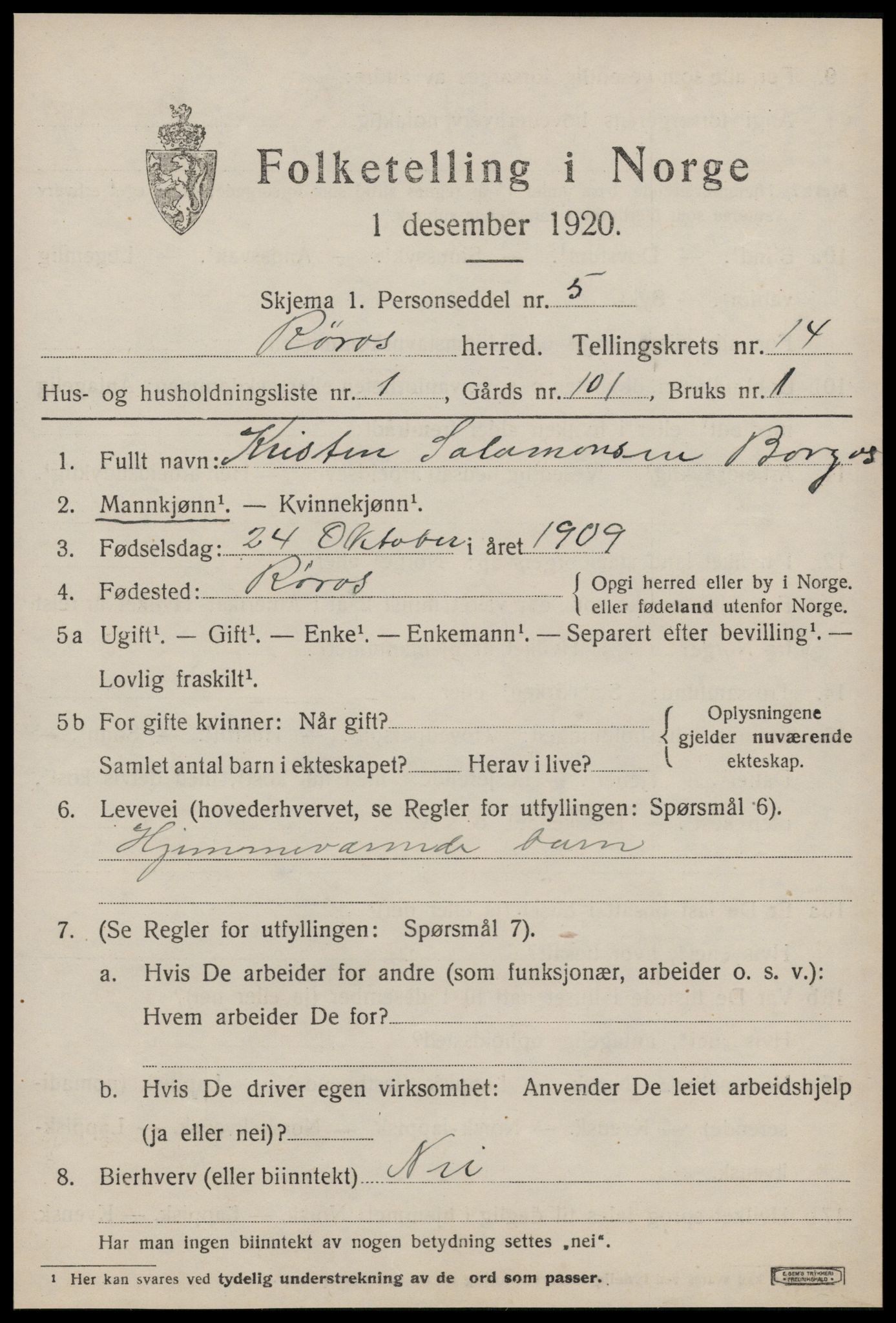 SAT, 1920 census for Røros, 1920, p. 9676