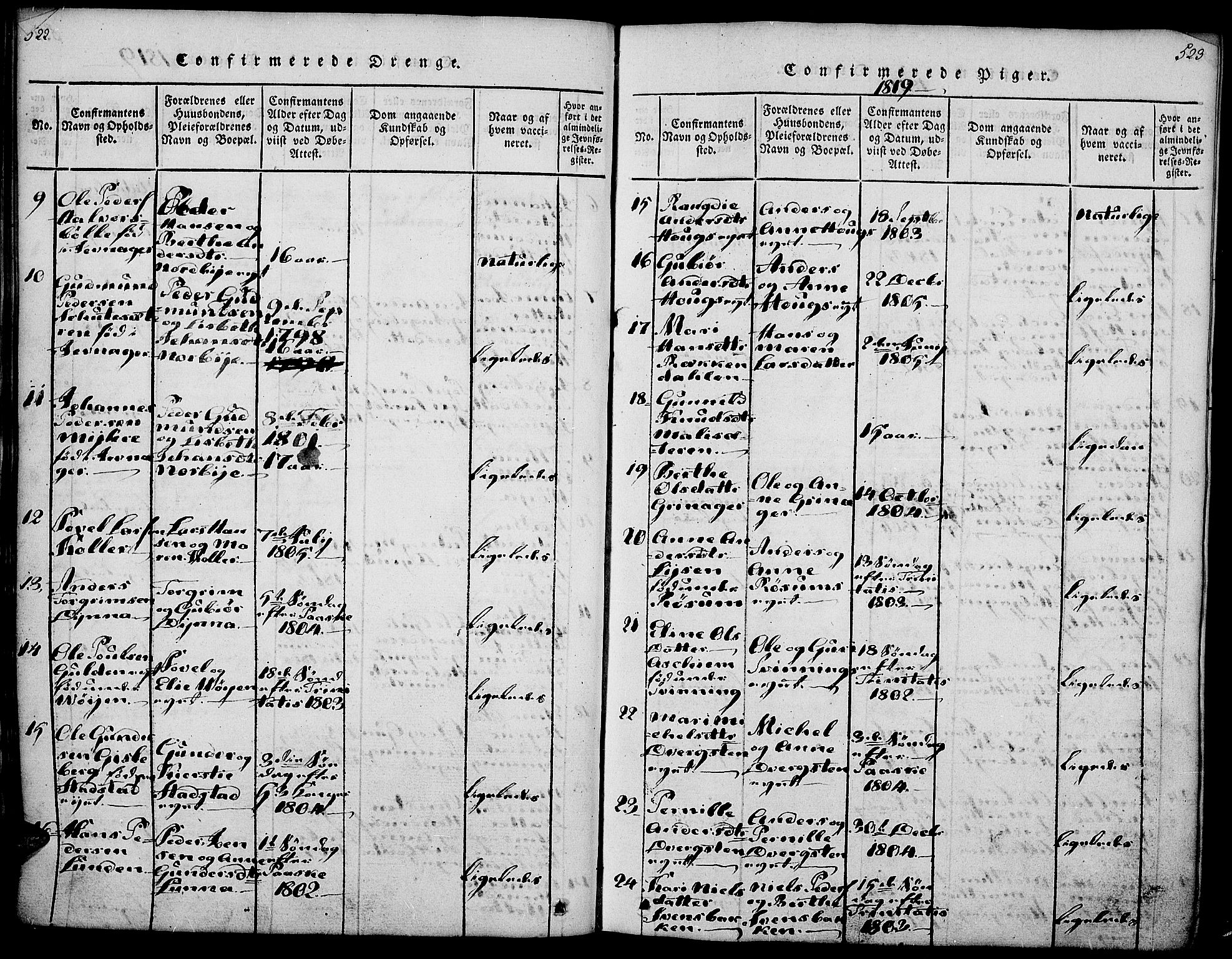 Gran prestekontor, SAH/PREST-112/H/Ha/Haa/L0009: Parish register (official) no. 9, 1815-1824, p. 522-523