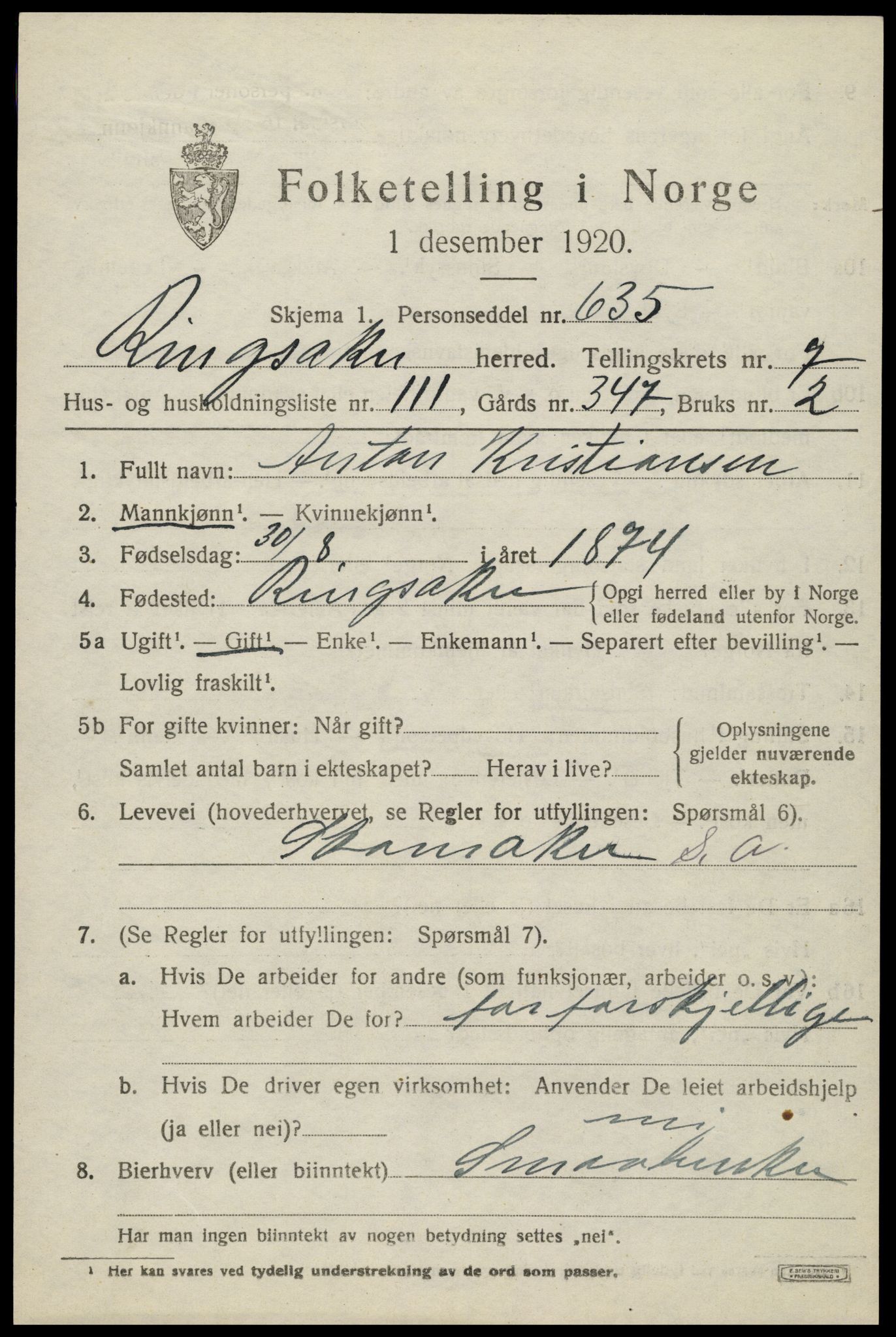 SAH, 1920 census for Ringsaker, 1920, p. 16352