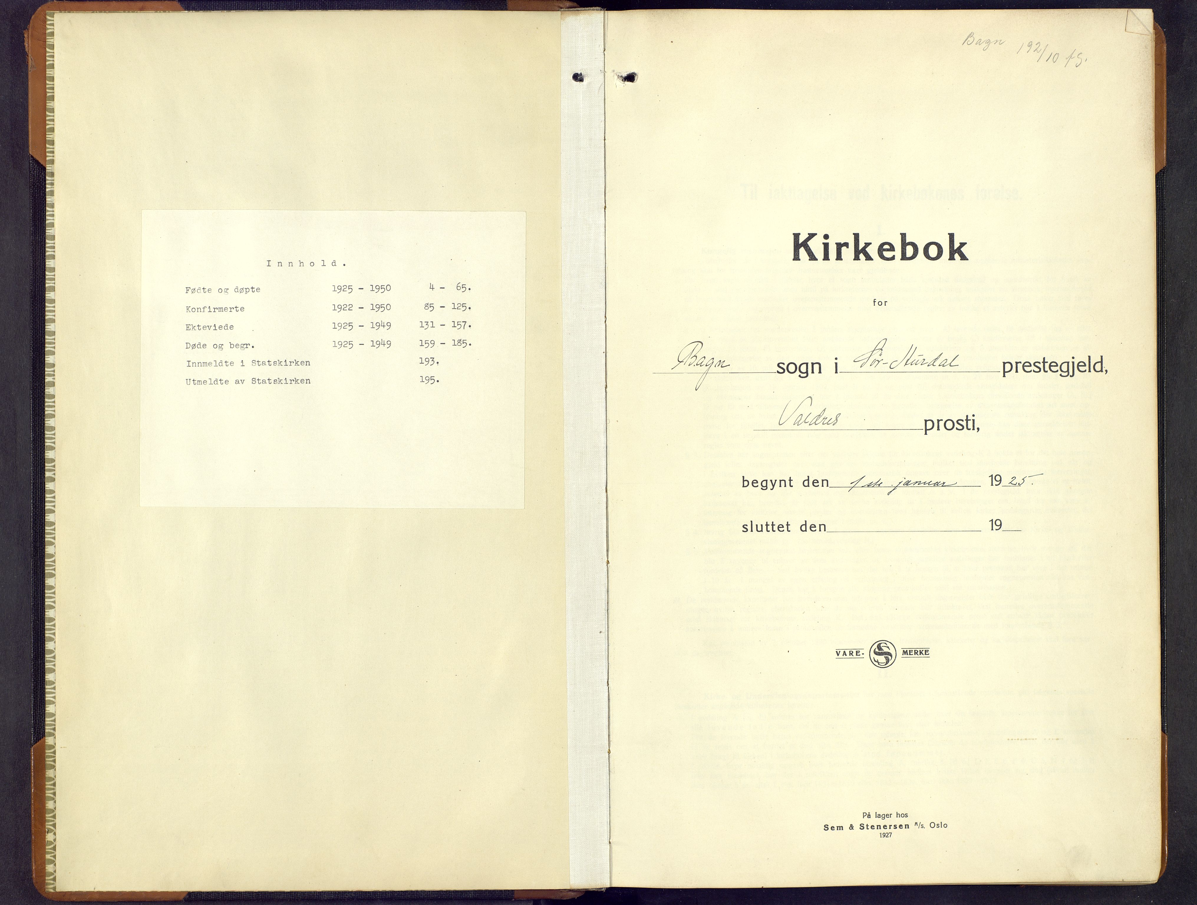 Sør-Aurdal prestekontor, SAH/PREST-128/H/Ha/Hab/L0011: Parish register (copy) no. 11, 1922-1950, p. 1