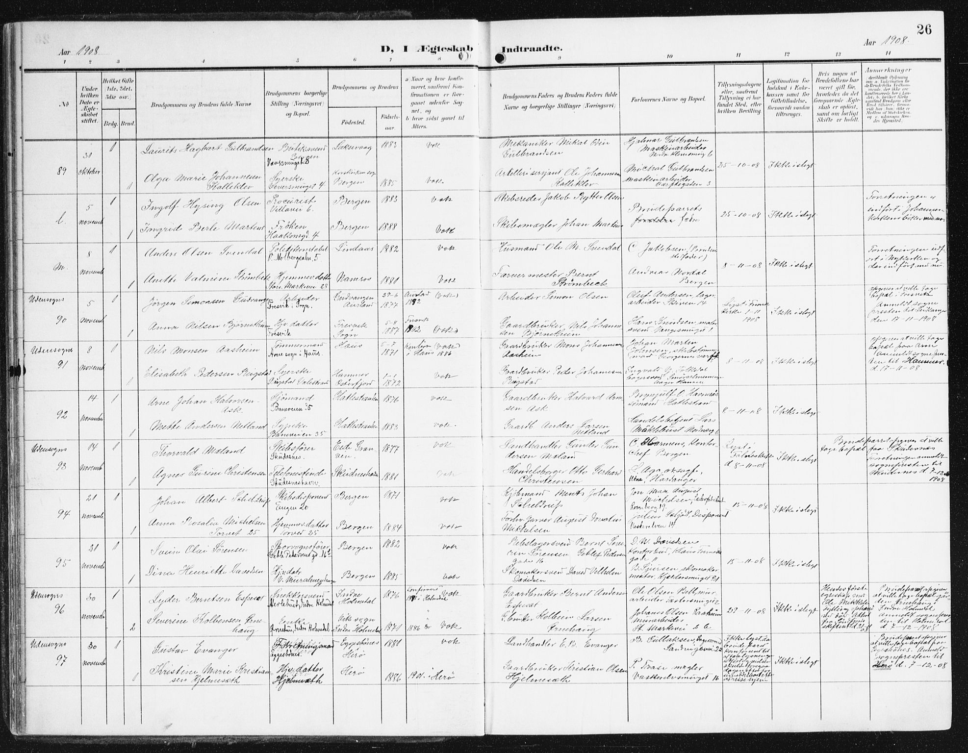 Domkirken sokneprestembete, SAB/A-74801/H/Haa/L0038: Parish register (official) no. D 5, 1906-1921, p. 26