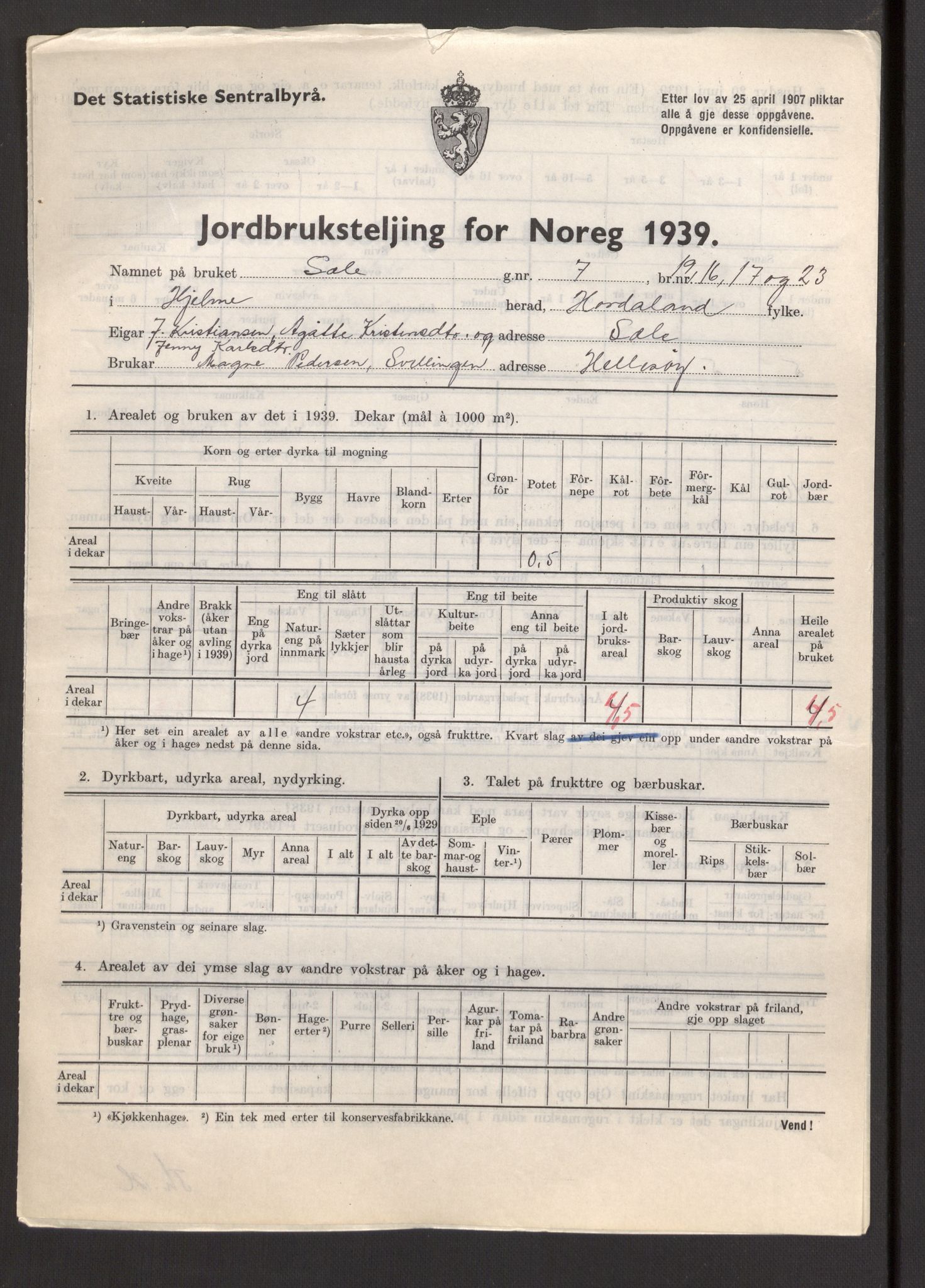 Statistisk sentralbyrå, Næringsøkonomiske emner, Jordbruk, skogbruk, jakt, fiske og fangst, AV/RA-S-2234/G/Gb/L0211: Hordaland: Herdla, Hjelme og Manger, 1939, p. 1183