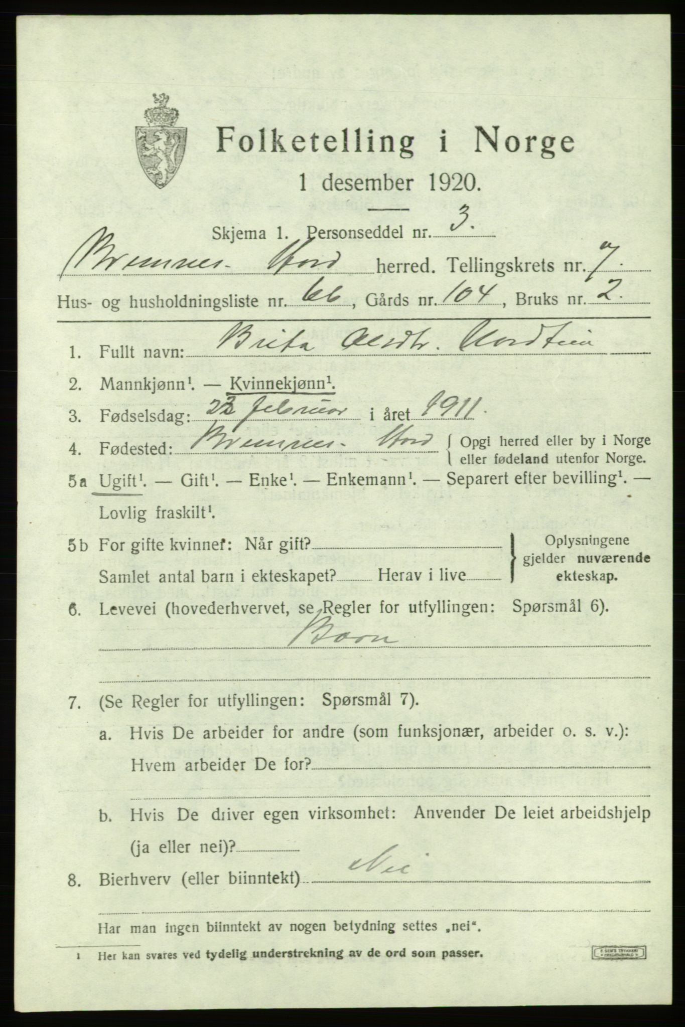 SAB, 1920 census for Bremnes, 1920, p. 4888