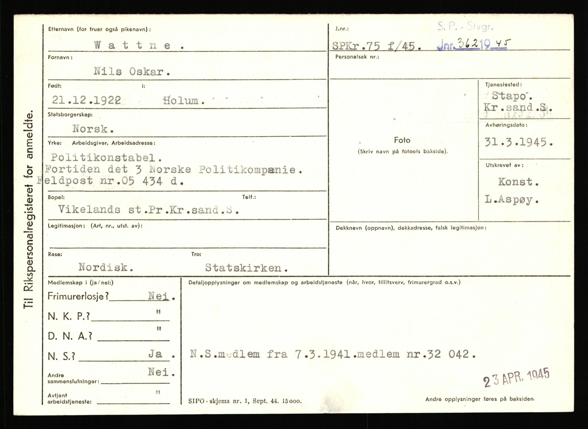 Statspolitiet - Hovedkontoret / Osloavdelingen, AV/RA-S-1329/C/Ca/L0016: Uberg - Øystese, 1943-1945, p. 1994