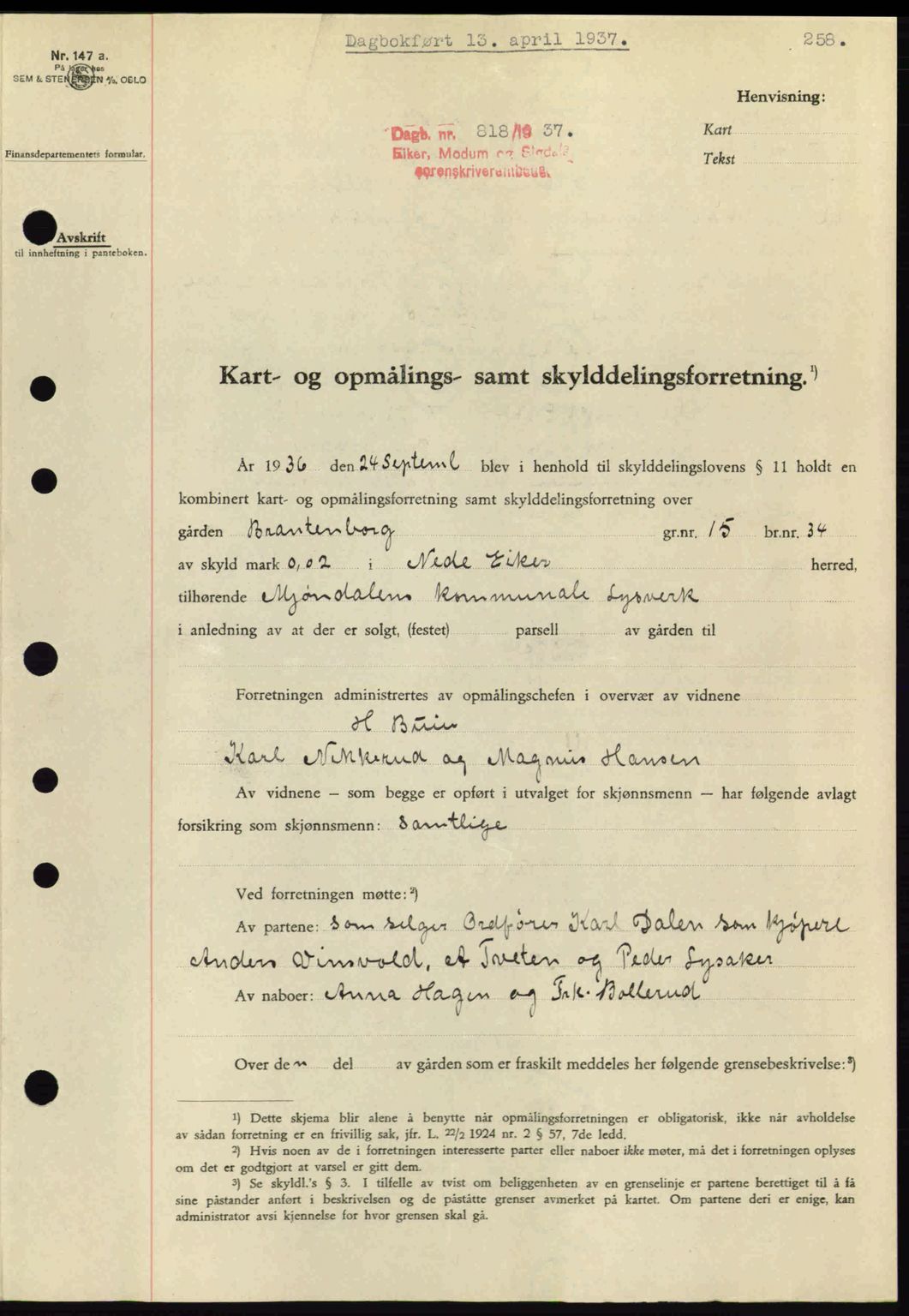 Eiker, Modum og Sigdal sorenskriveri, SAKO/A-123/G/Ga/Gab/L0035: Mortgage book no. A5, 1937-1937, Diary no: : 818/1937