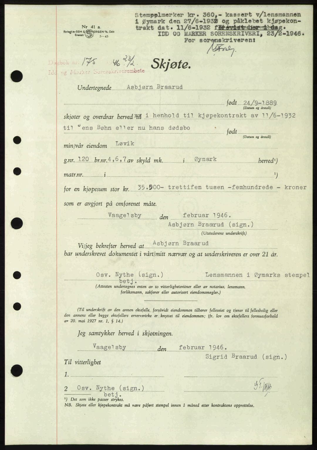 Idd og Marker sorenskriveri, AV/SAO-A-10283/G/Gb/Gbb/L0008: Mortgage book no. A8, 1946-1946, Diary no: : 175/1946