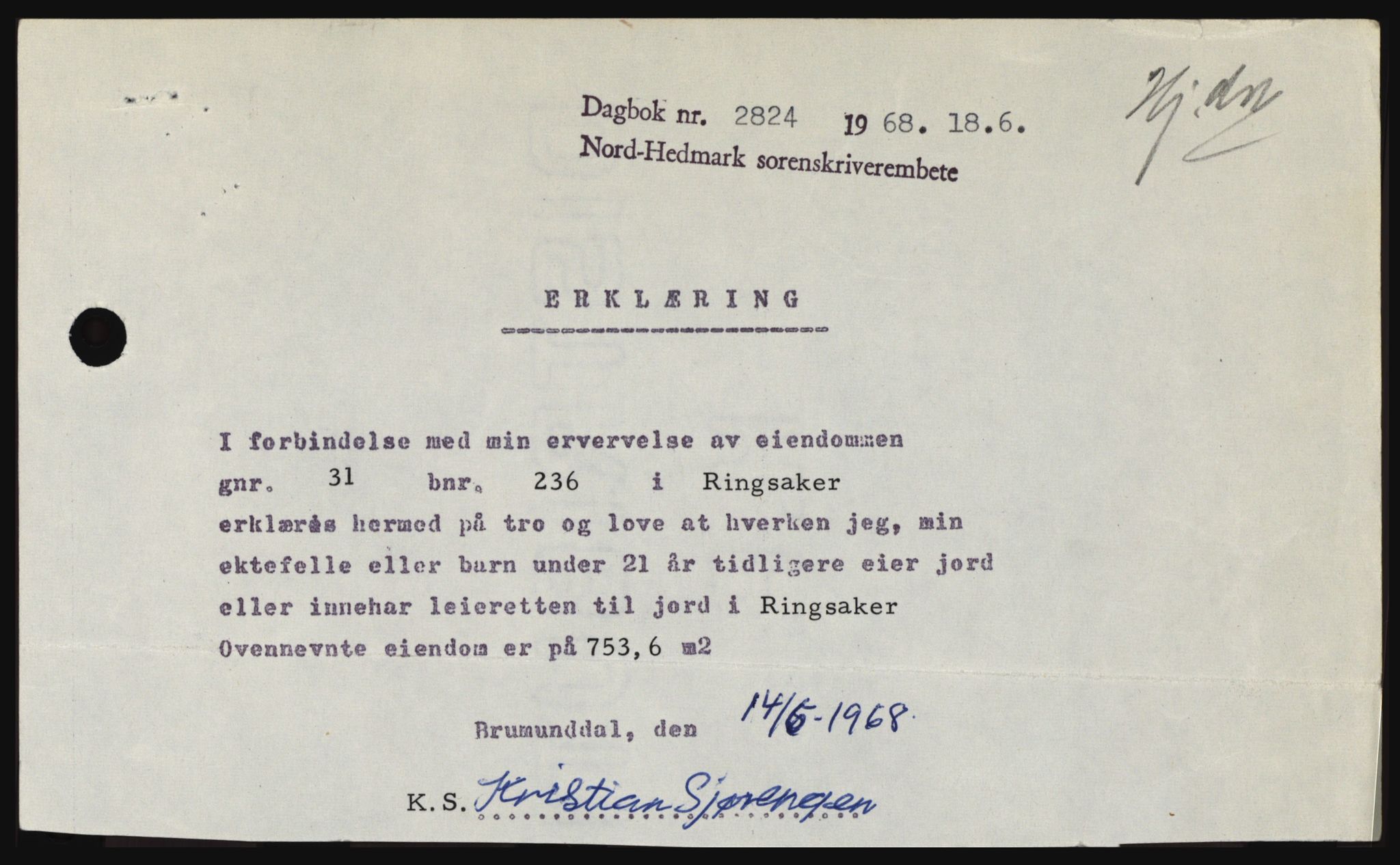 Nord-Hedmark sorenskriveri, SAH/TING-012/H/Hc/L0028: Mortgage book no. 28, 1968-1968, Diary no: : 2824/1968