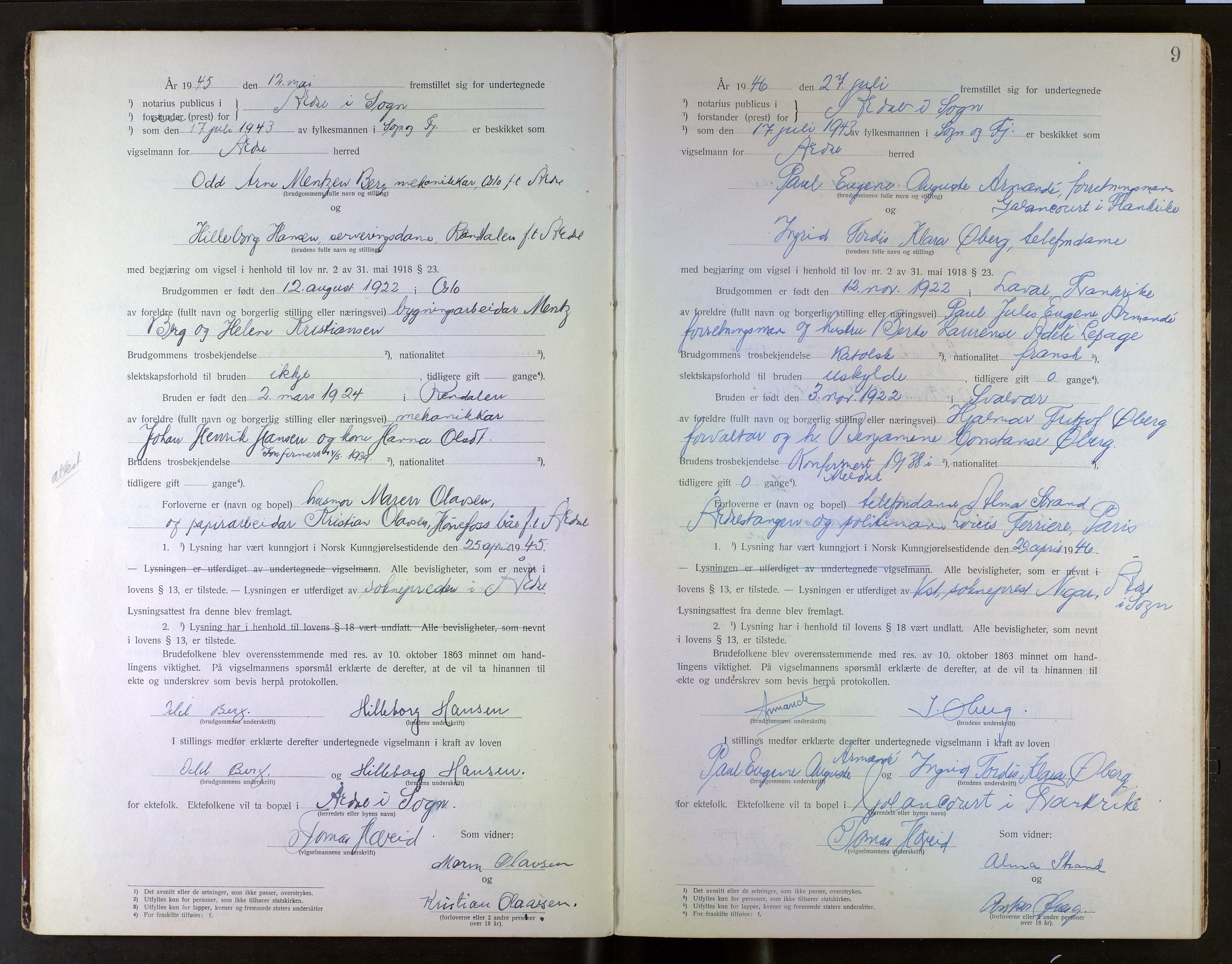 Indre Sogn tingrett, AV/SAB-A-3301/1/L/La/Lab/L0001: Vigselsbok Årdal, 1920-1969, p. 9