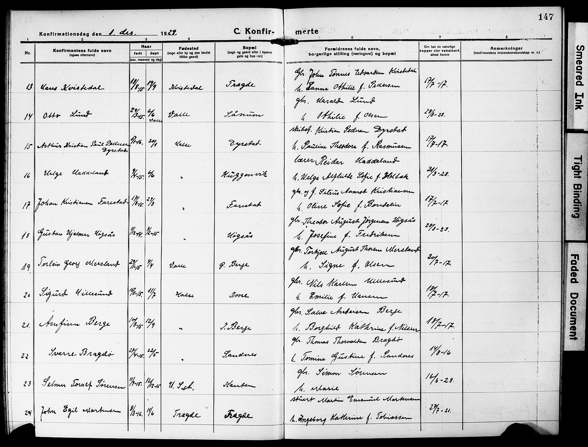 Mandal sokneprestkontor, AV/SAK-1111-0030/F/Fb/Fba/L0013: Parish register (copy) no. B 7, 1918-1931, p. 147