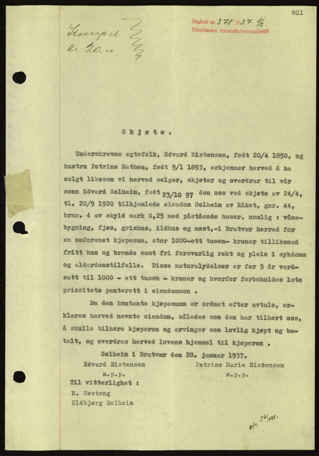 Nordmøre sorenskriveri, AV/SAT-A-4132/1/2/2Ca: Mortgage book no. A80, 1936-1937, Diary no: : 378/1937