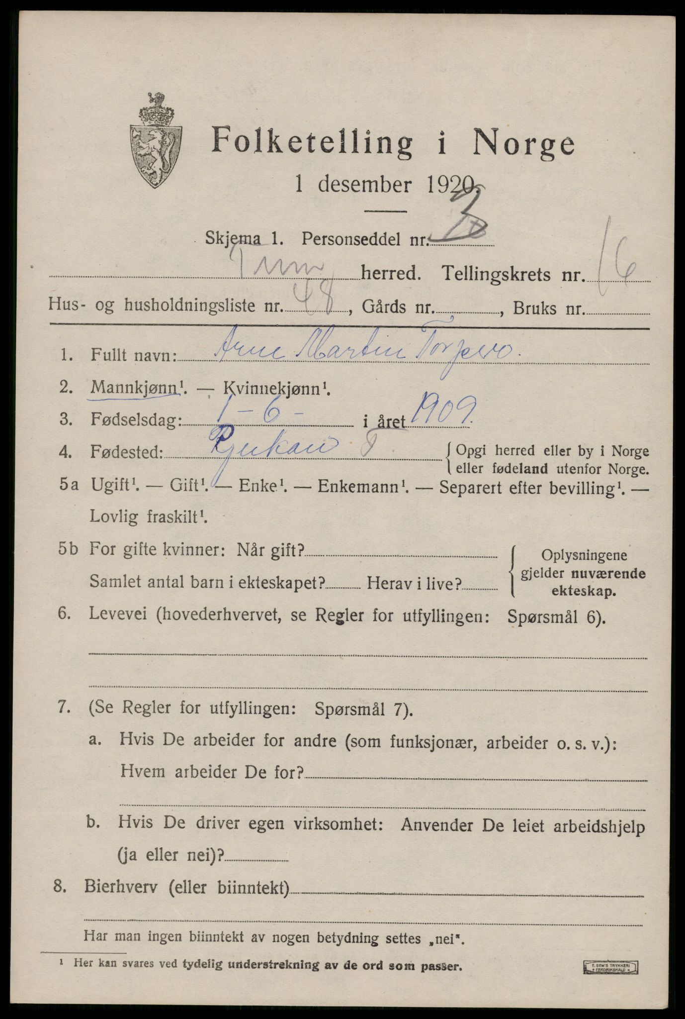 SAKO, 1920 census for Tinn, 1920, p. 17698