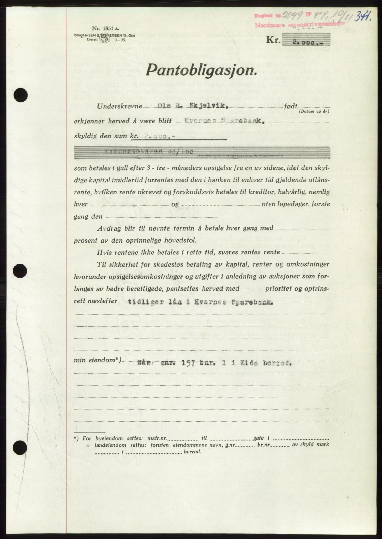 Nordmøre sorenskriveri, AV/SAT-A-4132/1/2/2Ca: Mortgage book no. B97, 1947-1948, Diary no: : 2599/1947