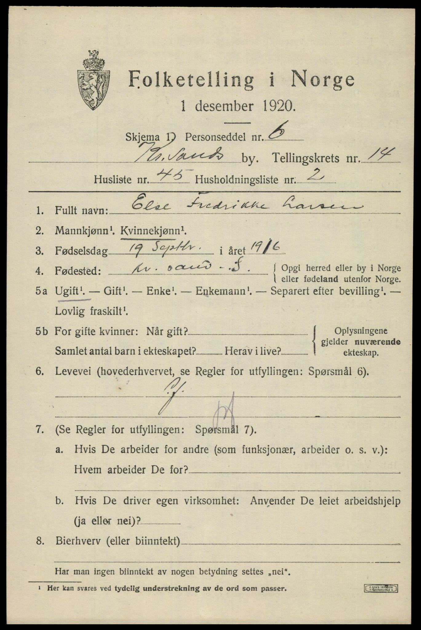SAK, 1920 census for Kristiansand, 1920, p. 29655