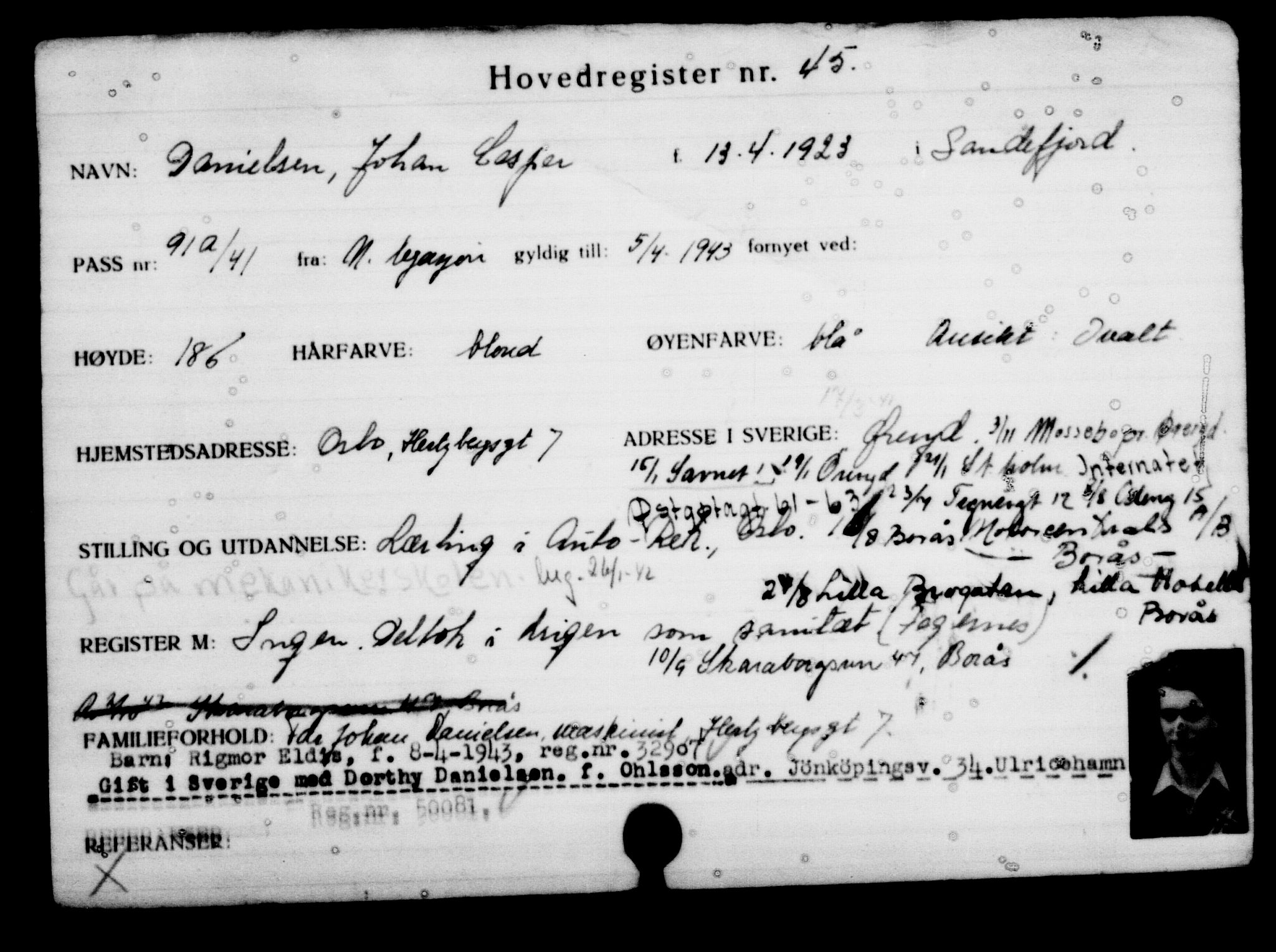 Utenriksstasjonene, Legasjonen i Stockholm, Flyktningkontoret, AV/RA-S-6753/V/Va/L0001: Kjesäterkartoteket, flyktninger med registreringsnr. 1-1000, 1940-1945, p. 77