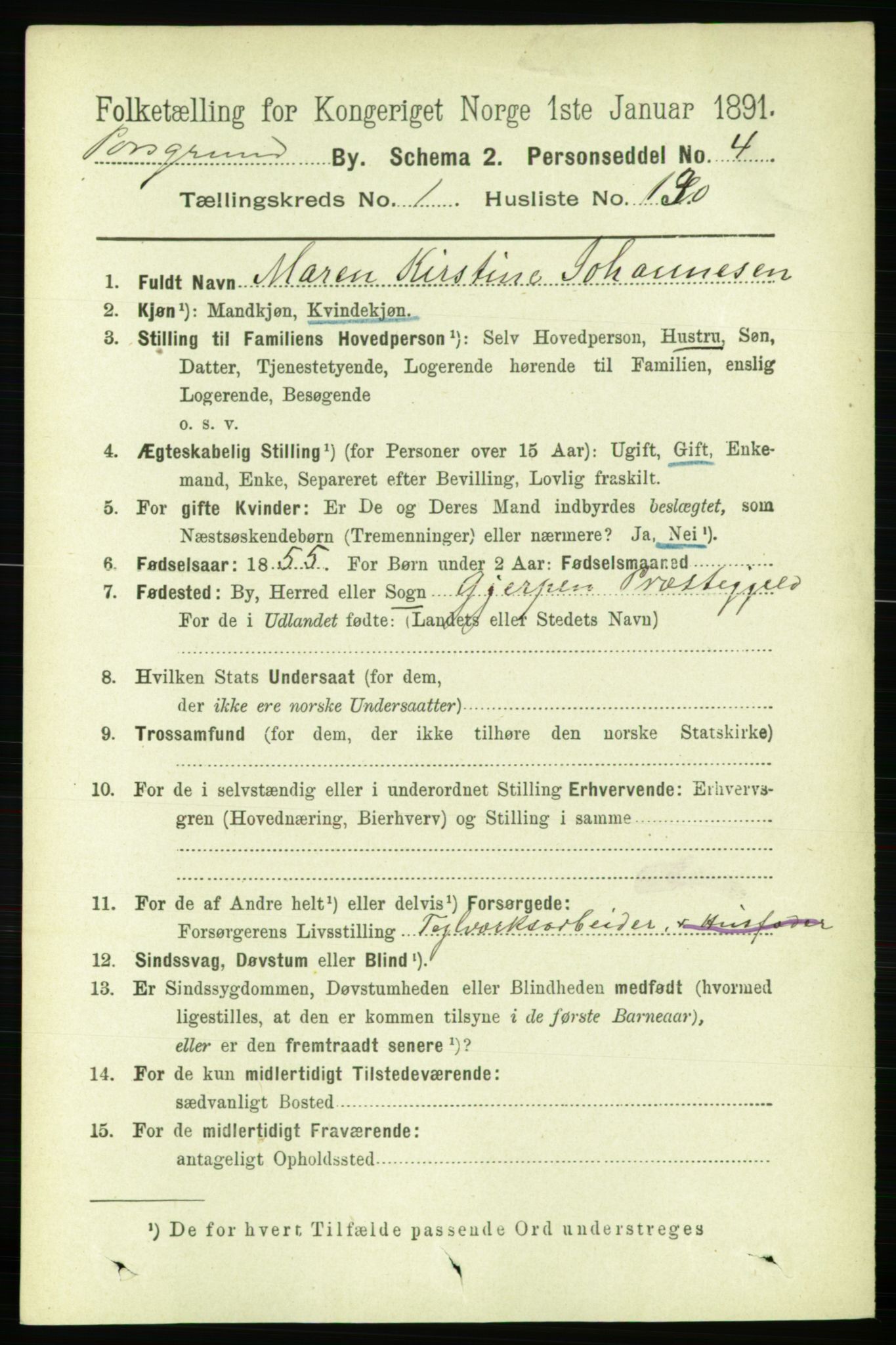 RA, 1891 census for 0805 Porsgrunn, 1891, p. 2123