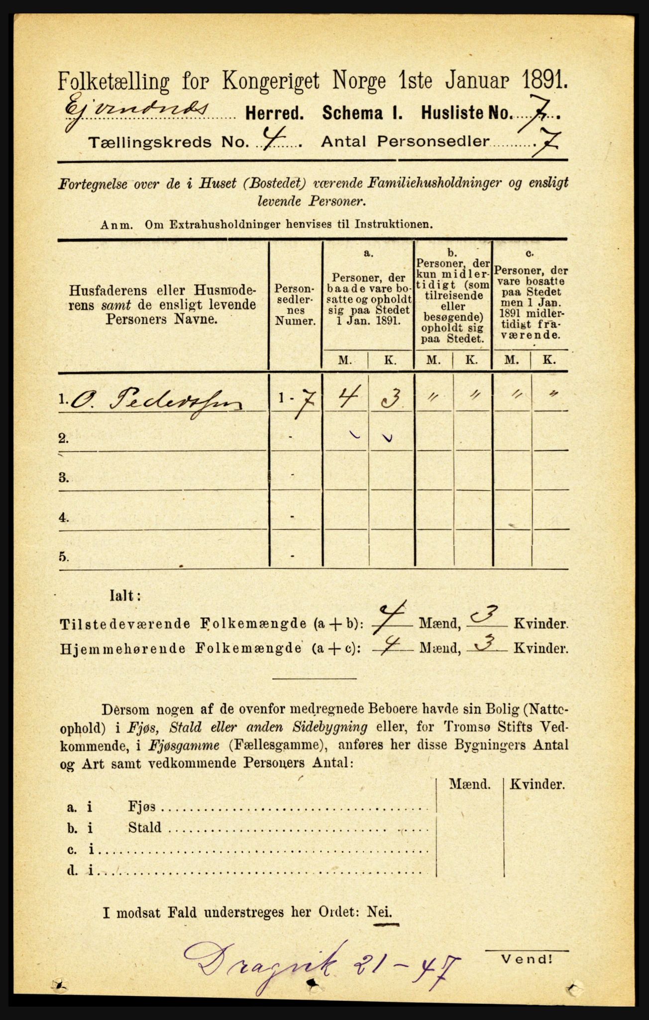 RA, 1891 census for 1853 Evenes, 1891, p. 1182