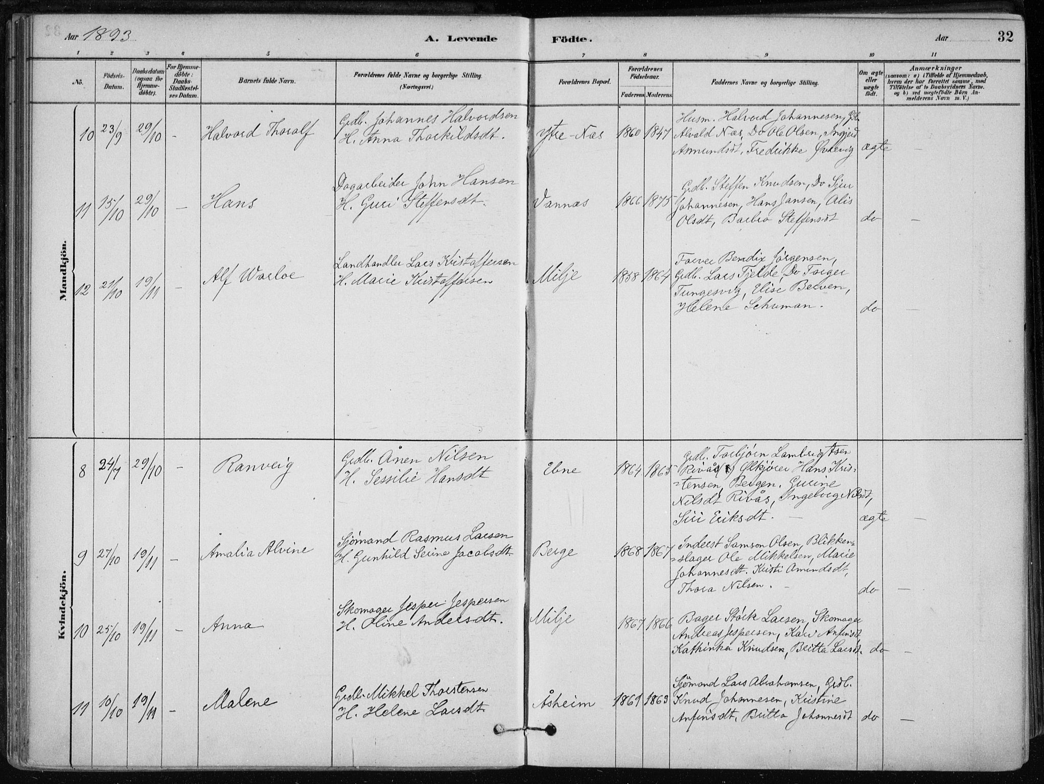 Skånevik sokneprestembete, AV/SAB-A-77801/H/Haa: Parish register (official) no. B 1, 1879-1914, p. 32